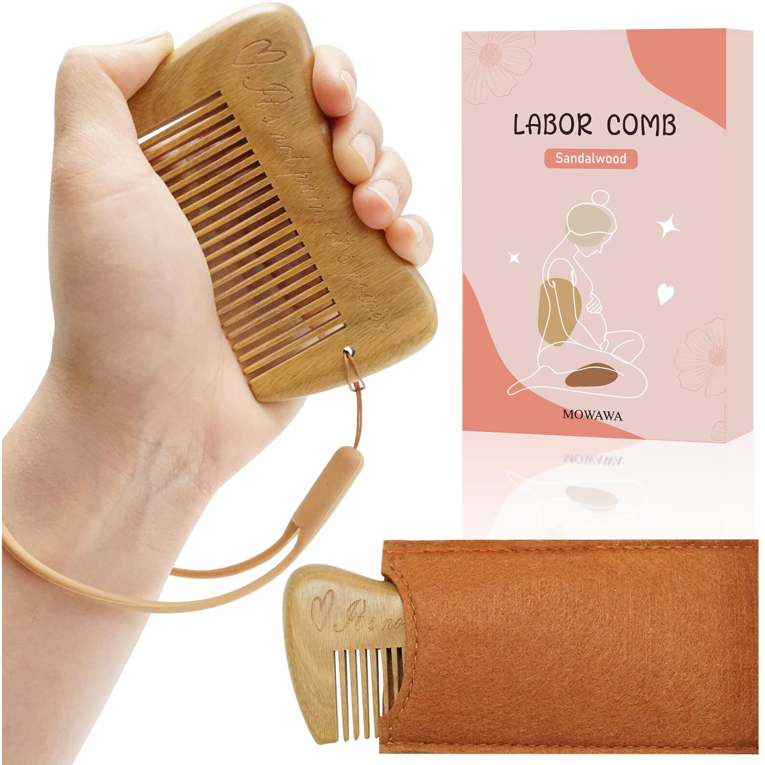 Mowawa Sandalwood Birthing Comb For Labor Pain Relief & Delivery - Labour Gifts With Birth Affirmation For Women- Wood Comb For Pregnancy Contraction