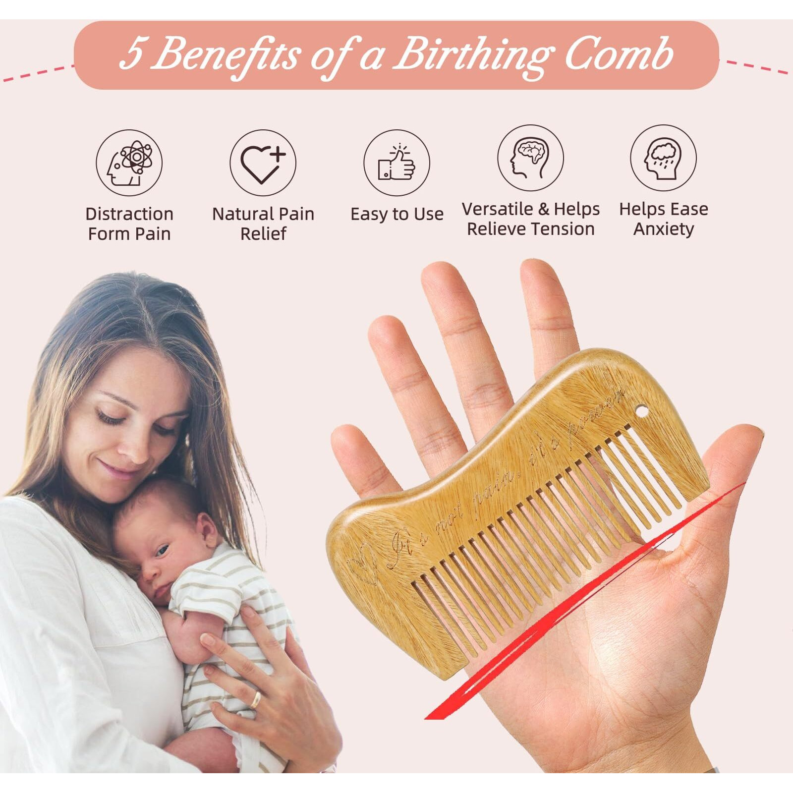 Mowawa Sandalwood Birthing Comb For Labor Pain Relief & Delivery - Labour Gifts With Birth Affirmation For Women- Wood Comb For Pregnancy Contraction