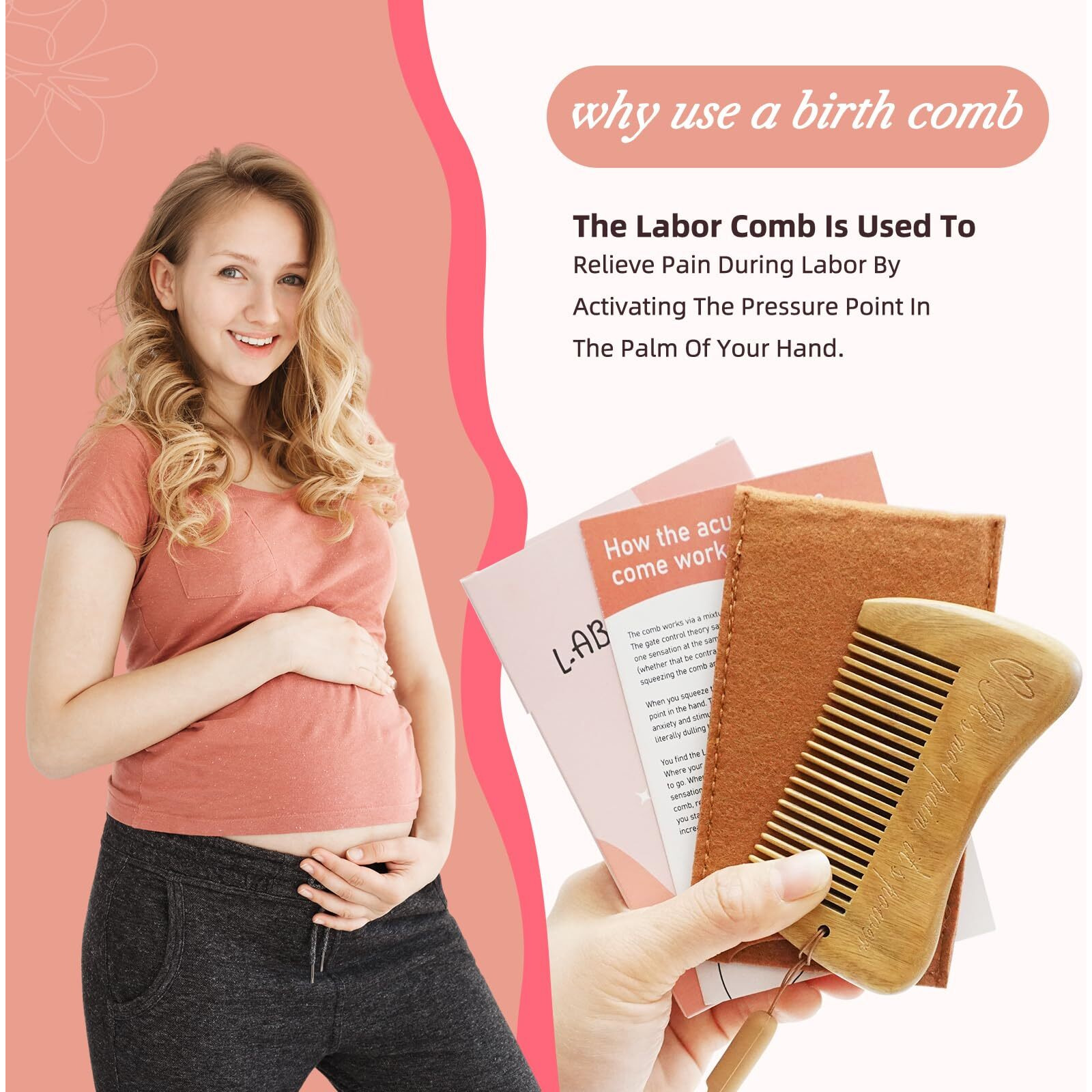 Mowawa Sandalwood Birthing Comb For Labor Pain Relief & Delivery - Labour Gifts With Birth Affirmation For Women- Wood Comb For Pregnancy Contraction