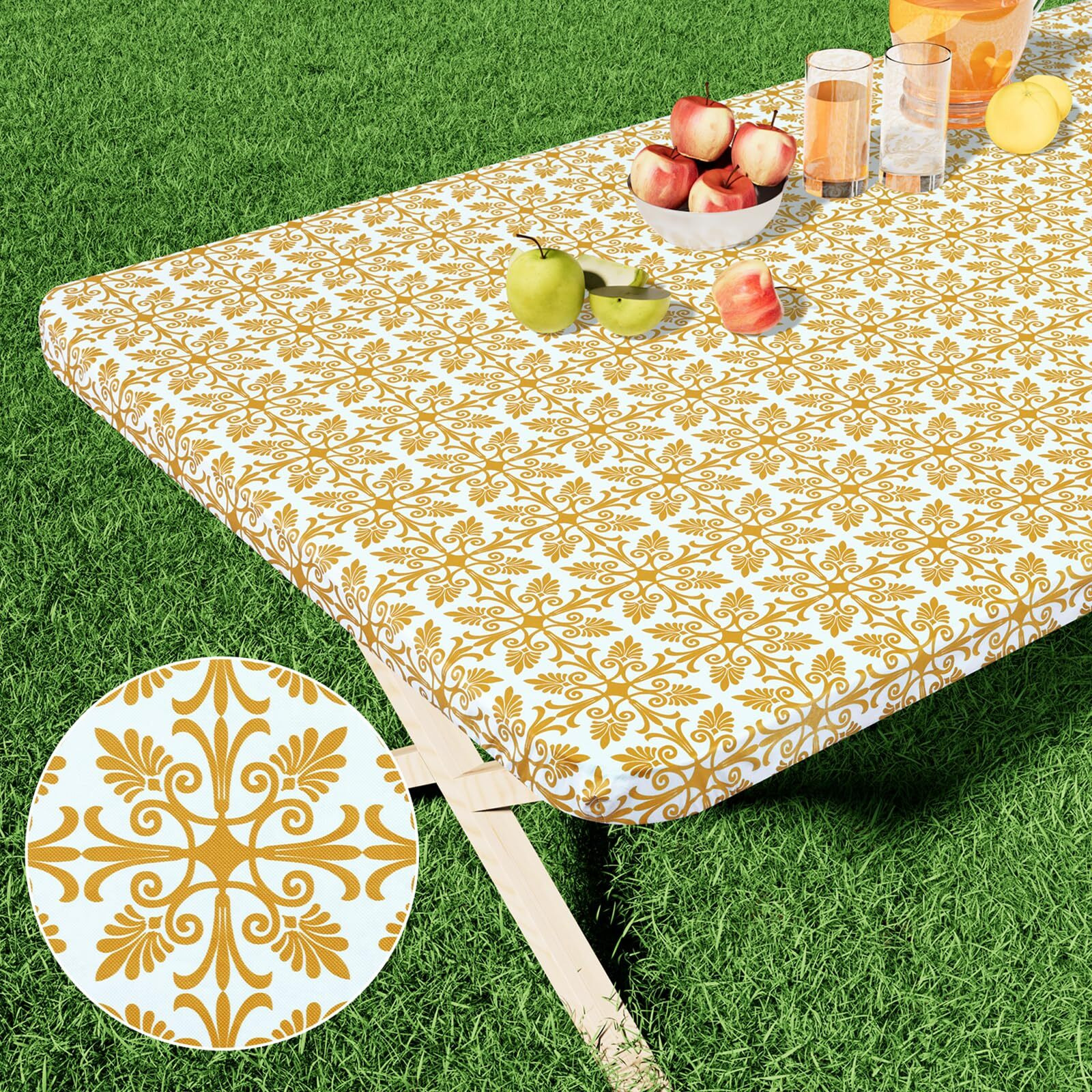 Misaya Rectangle Vinyl Table Cloth  Elastic Fitted Flannel Backed Tablecloth  100% Waterproof Plastic Table Cover Fits 6 Foot Folding Tables For Picnic  Camping  Outdoor (Gold  30 "" X 72 "")