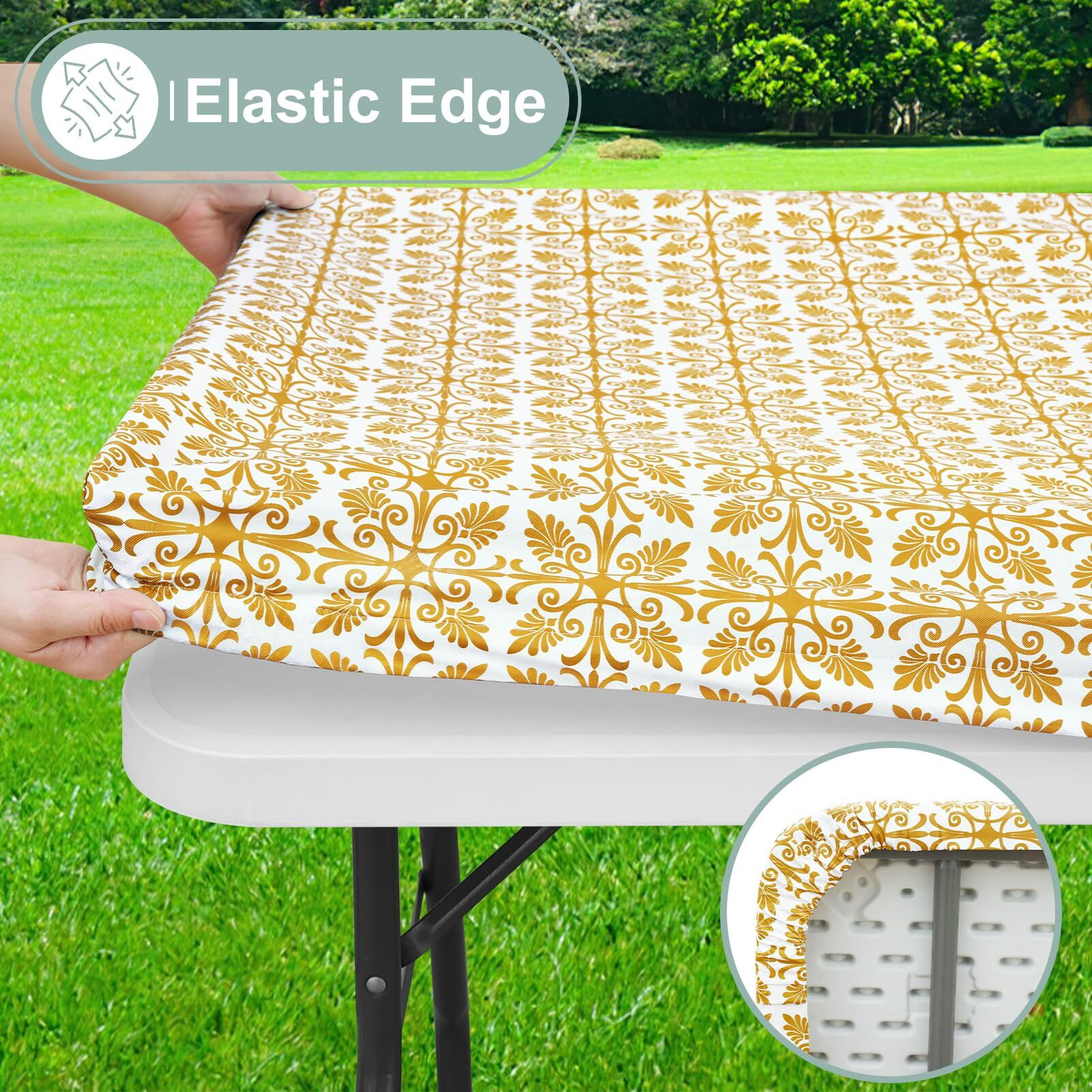 Misaya Rectangle Vinyl Table Cloth  Elastic Fitted Flannel Backed Tablecloth  100% Waterproof Plastic Table Cover Fits 6 Foot Folding Tables For Picnic  Camping  Outdoor (Gold  30 "" X 72 "")