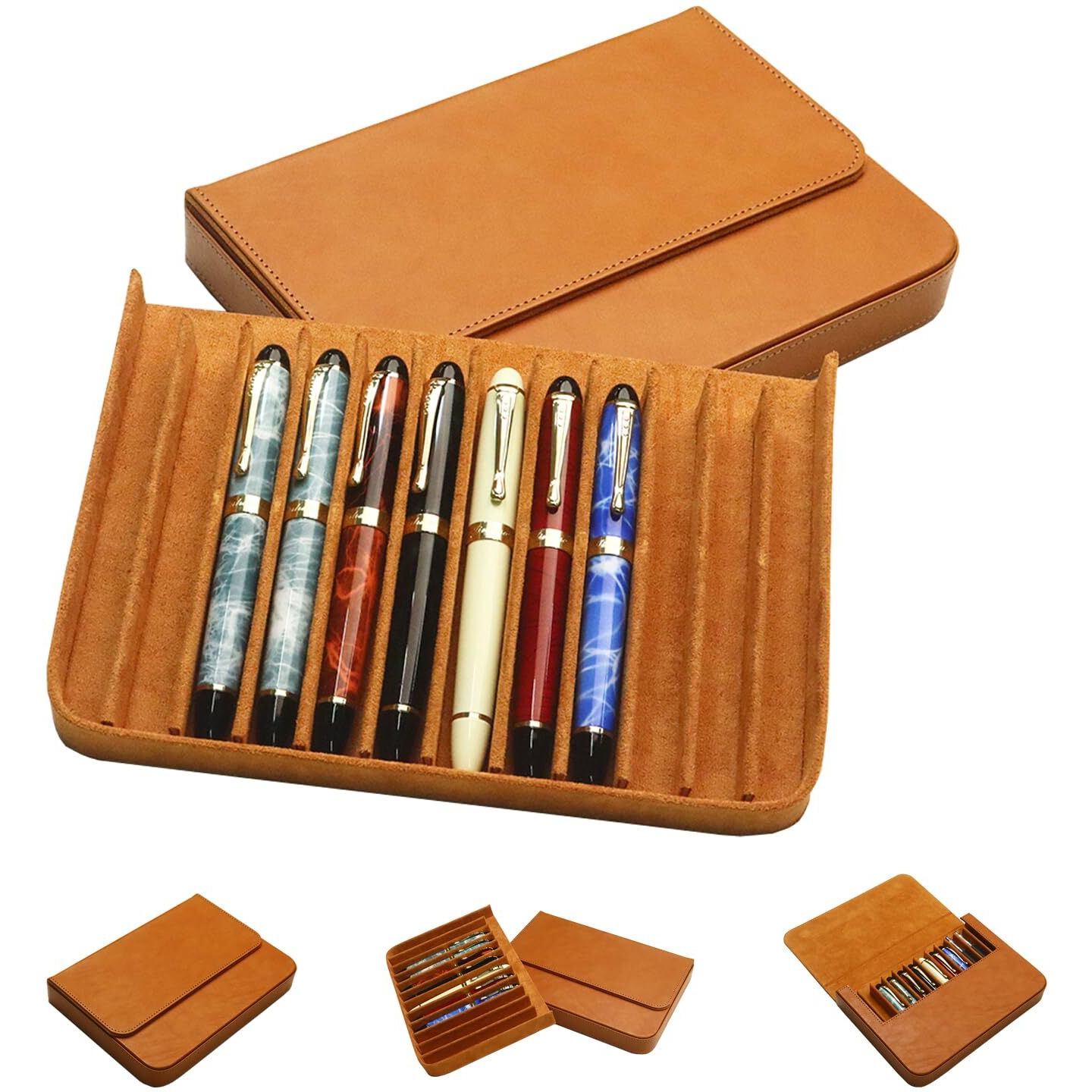 Mivlxlx Leather 12 Fountain Pen/Pencil Tray Case Organizer  Fashion Design  Handmade  Magnetic Closure With Drawer  Christmas Gift For Man/Woman/Office  12 Slots(Brown)