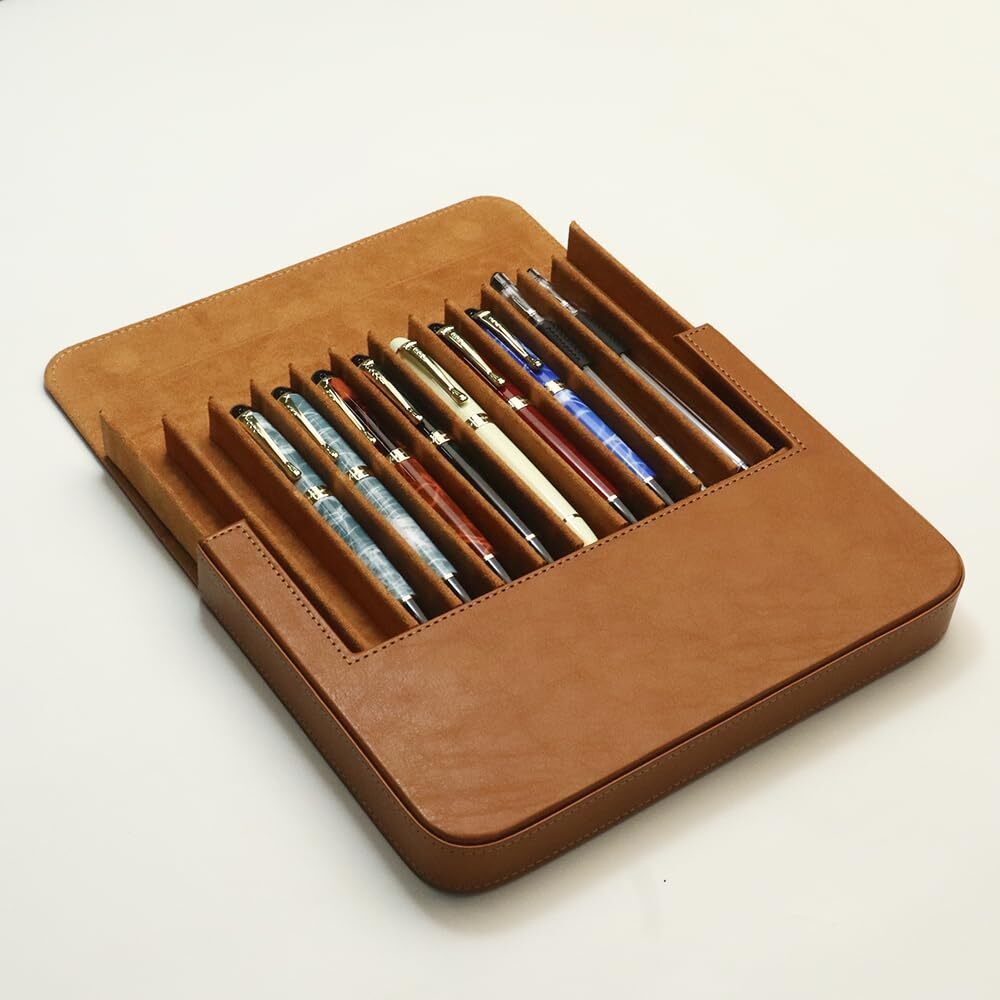 Mivlxlx Leather 12 Fountain Pen/Pencil Tray Case Organizer  Fashion Design  Handmade  Magnetic Closure With Drawer  Christmas Gift For Man/Woman/Office  12 Slots(Brown)