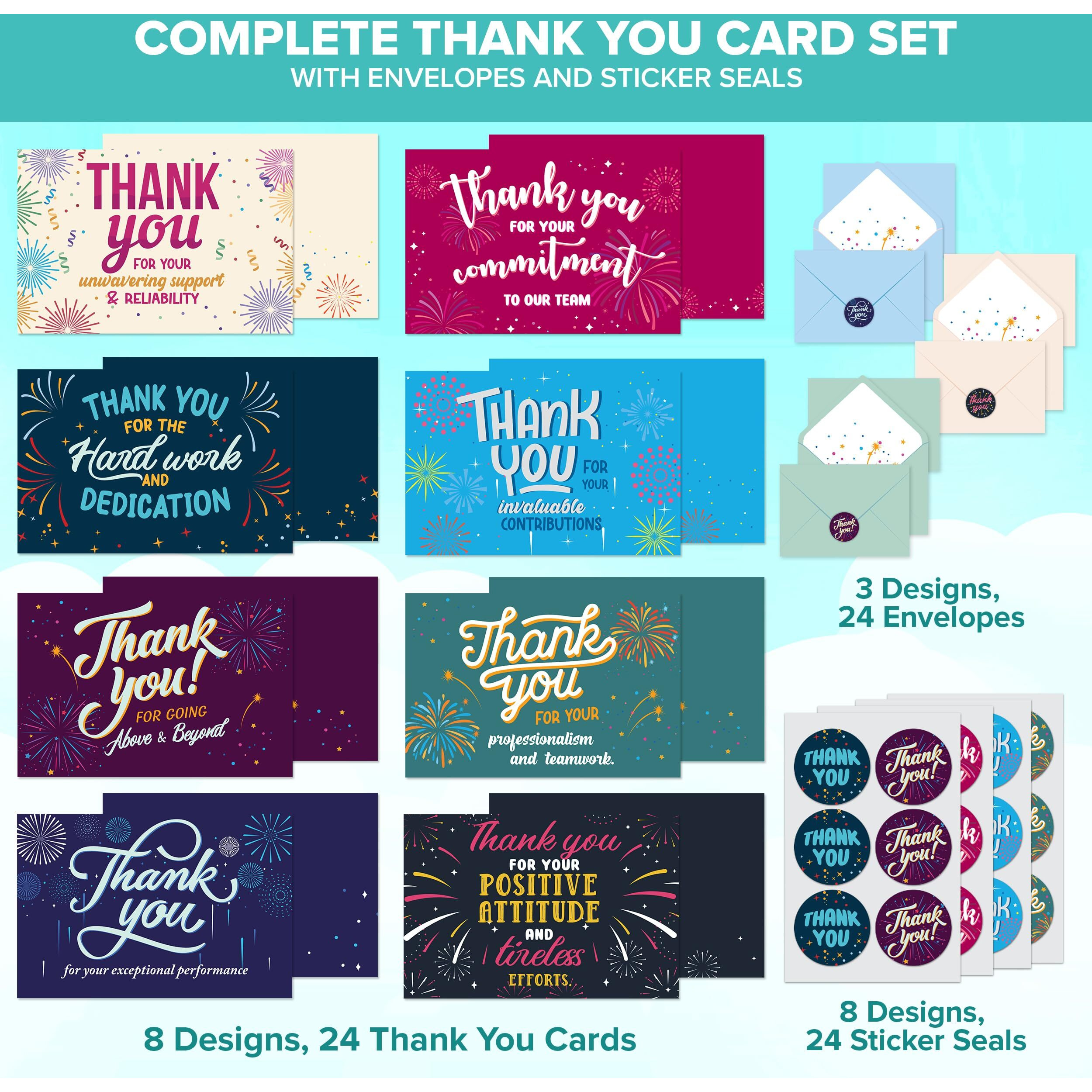 Decorably 24 Pack 6X4In Employee Appreciation Cards With Envelopes And Stickers  8 Festive Designs Employee Thank You Cards  Blank Inside - Recognition  Promotion  Work Anniversary