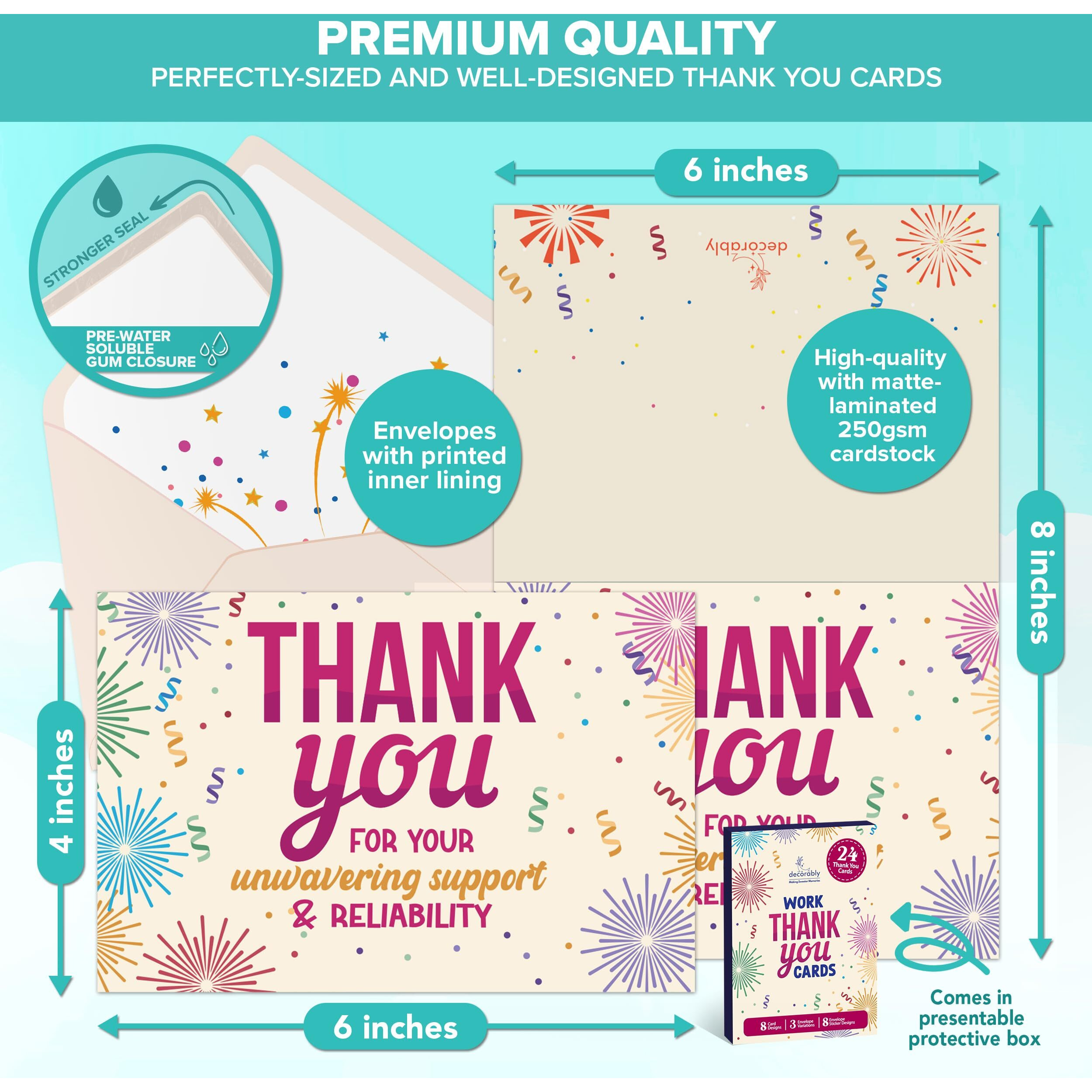 Decorably 24 Pack 6X4In Employee Appreciation Cards With Envelopes And Stickers  8 Festive Designs Employee Thank You Cards  Blank Inside - Recognition  Promotion  Work Anniversary
