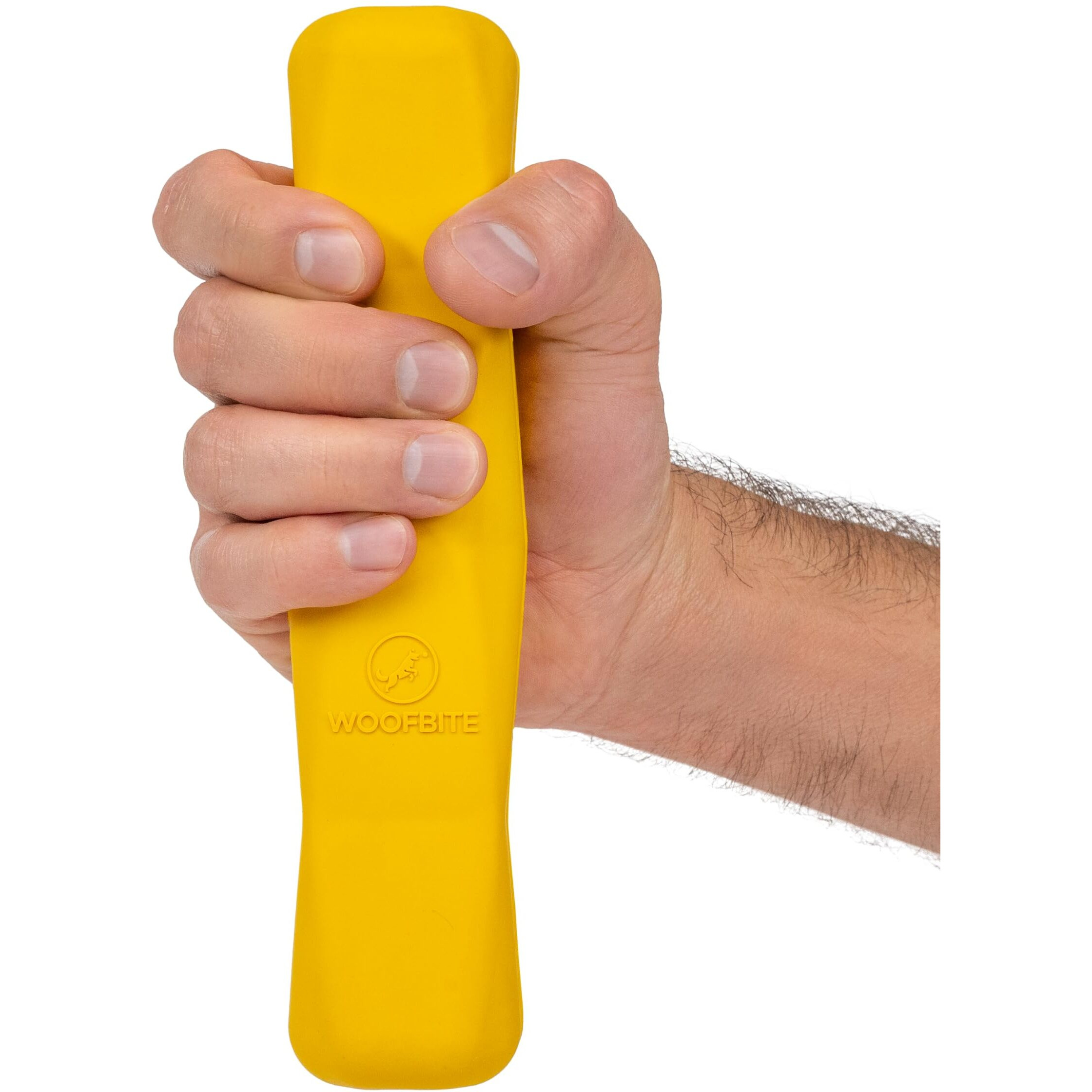 Woofbite Indestructible Chew Stick - Lifetime Replacement - Aggressive Chewers  Medium Large Breed - Non-Toxic Natural Rubber Dog Toys - Yellow (Highly Visible Color For Dogs) - Tug & Fetch - 8X1.75