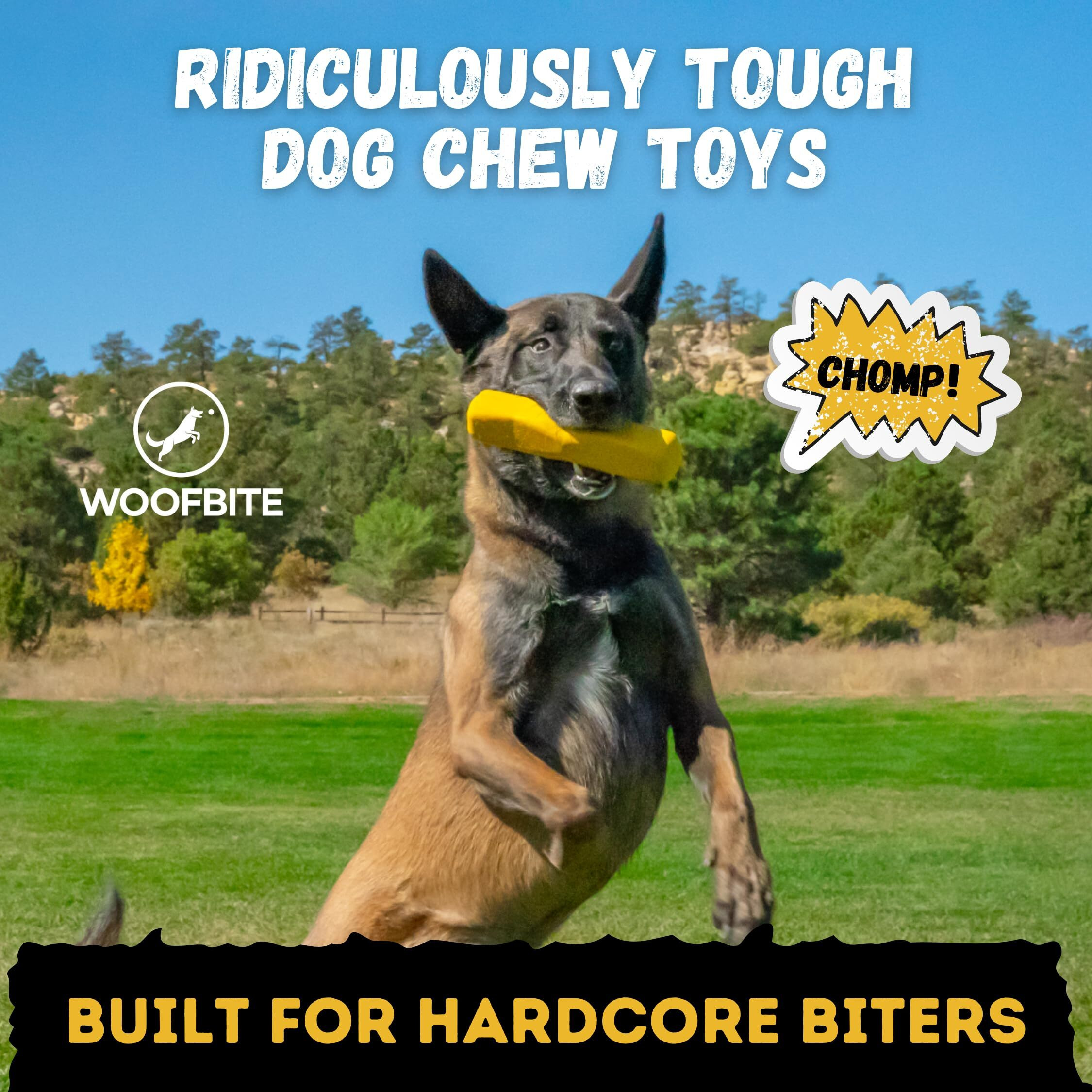 Woofbite Indestructible Chew Stick - Lifetime Replacement - Aggressive Chewers  Medium Large Breed - Non-Toxic Natural Rubber Dog Toys - Yellow (Highly Visible Color For Dogs) - Tug & Fetch - 8X1.75