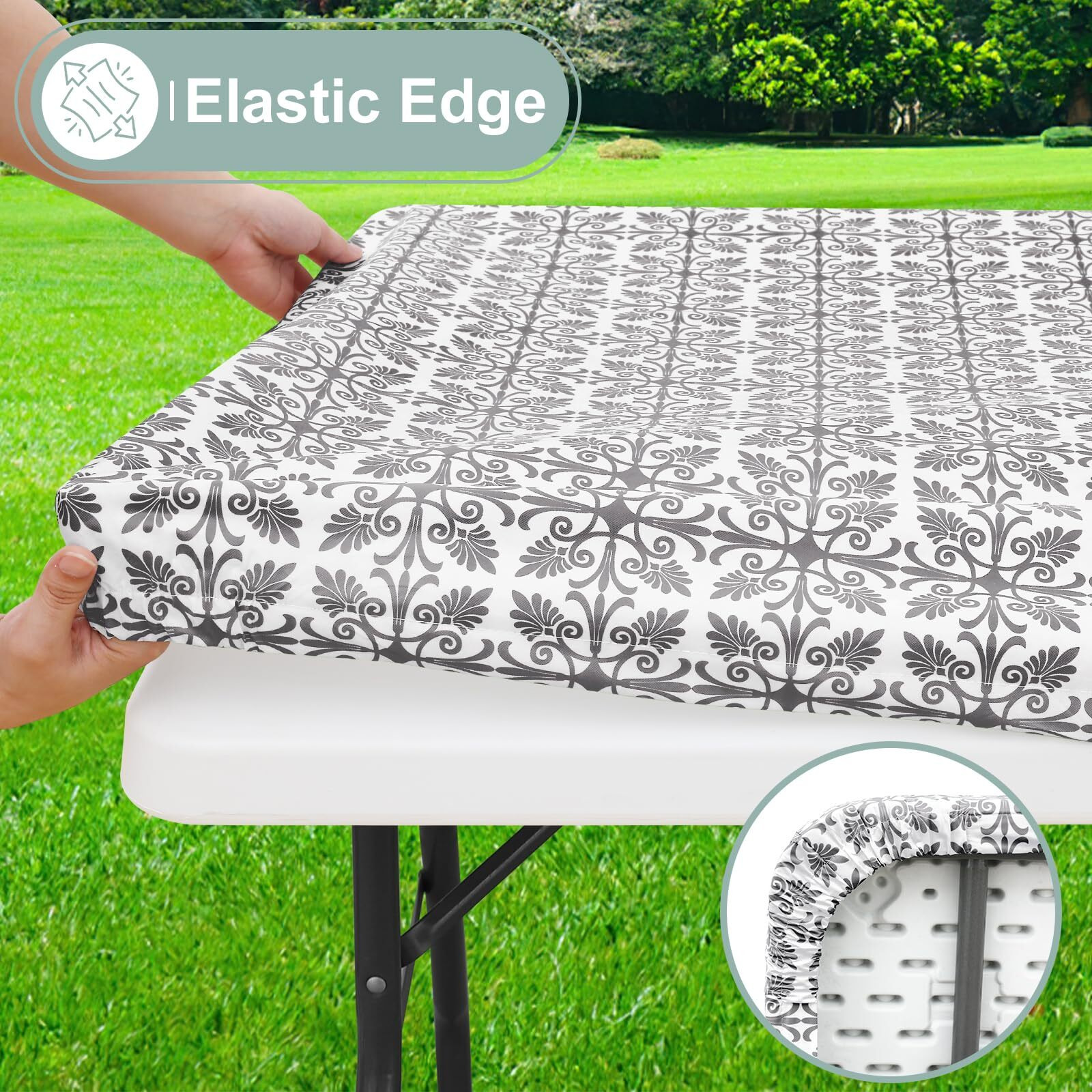 Misaya Rectangle Vinyl Table Cloth  Elastic Fitted Flannel Backed Tablecloth  100% Waterproof Plastic Table Cover Fits 8 Foot Folding Tables For Picnic  Camping  Outdoor (Grey  30 "" X 96 "")