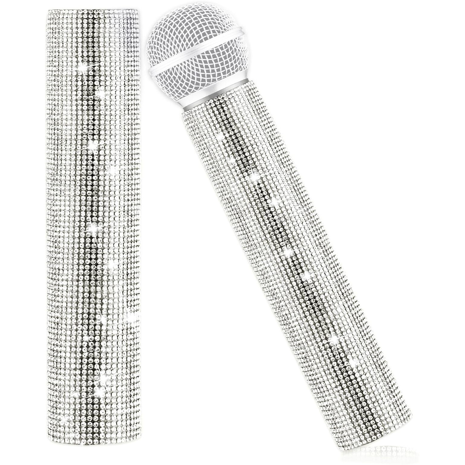 Silver Microphone Decorative Sleeve  Glitter Wireless Microphone Cover  Sparkling Bling Rhinestones Mic Handle Sleeve Protector For Discostage Tours & Tv Shows (Mic Not Included)