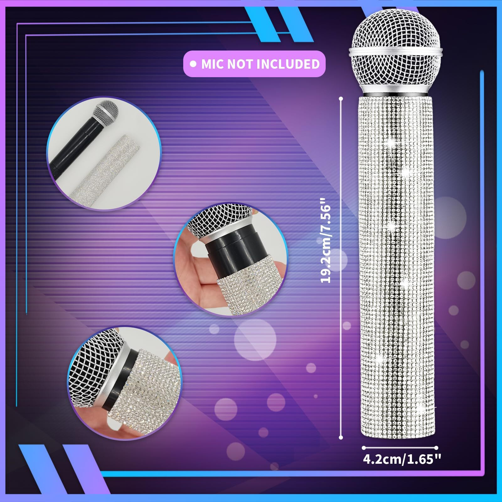 Silver Microphone Decorative Sleeve  Glitter Wireless Microphone Cover  Sparkling Bling Rhinestones Mic Handle Sleeve Protector For Discostage Tours & Tv Shows (Mic Not Included)