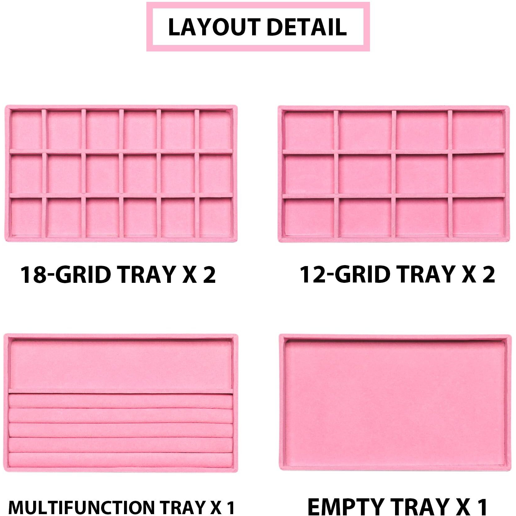 Frebeauty Jewelry Organizer Tray Stackable Velvet Jewelry Trays Drawer Inserts Earring Organizer For Women Jewelry Storage Display Case For Rings Stud Necklaces Set Of 6(Pink)
