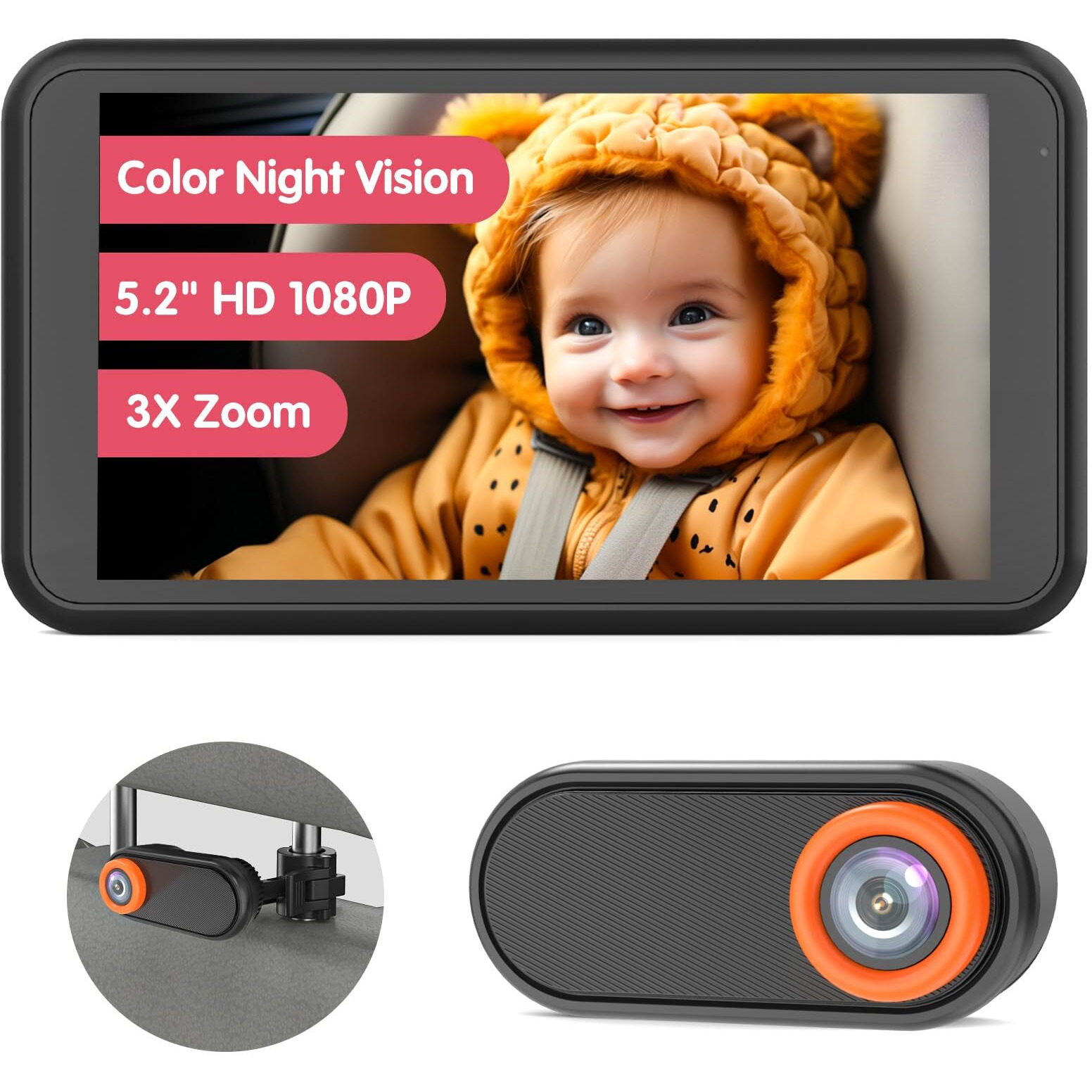 Luckview Car Camera For Baby  5.2  1080P Baby Car Camera With 3X Zoom  360Rotating Adjustable Car Baby Camera With Wired  Crystal Clear View For Back Seat Rear Facing (Bm2)