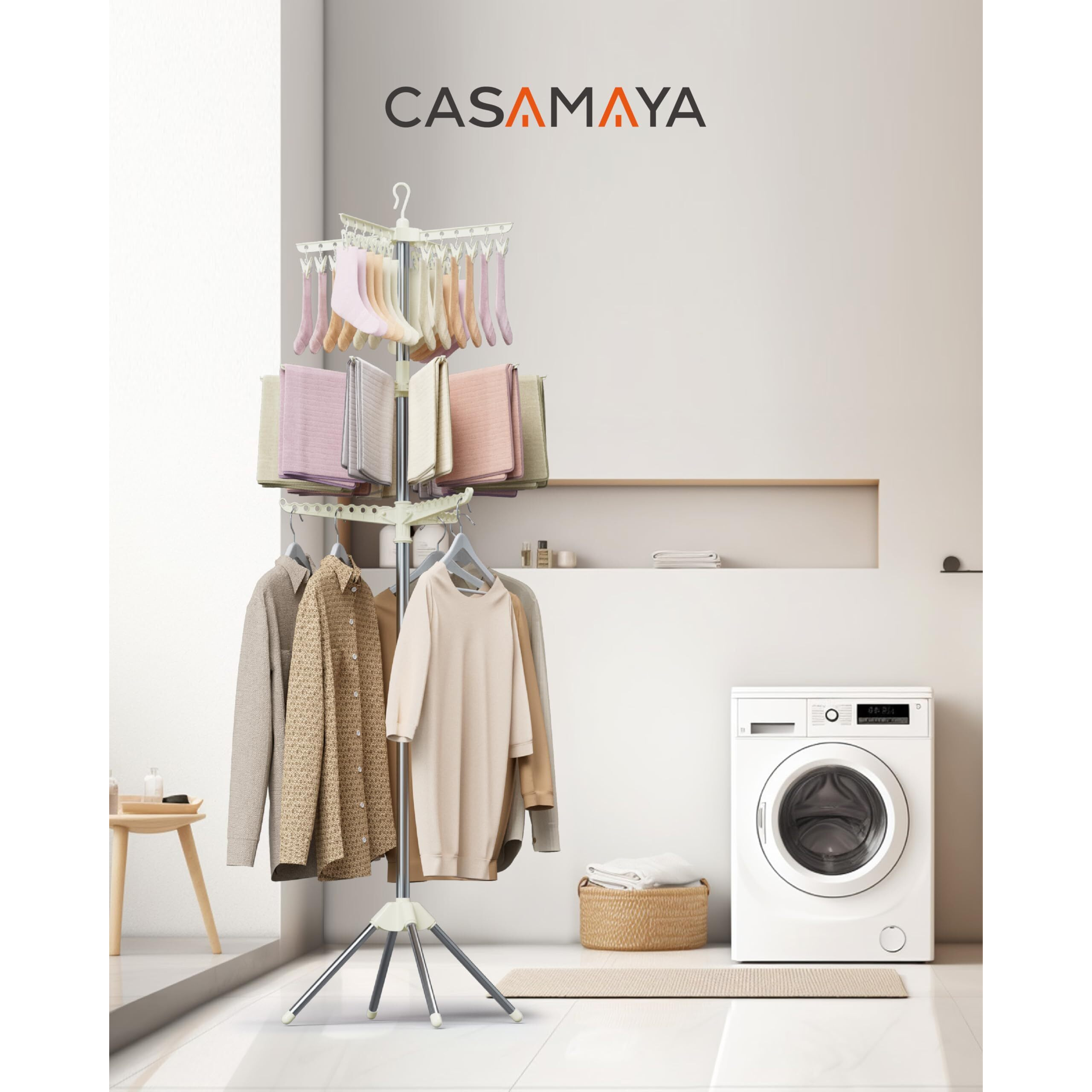 Casamaya Clothes Drying Rack Foldable  79.5 Inch 3 Tier Laundry Drying Rack With Rotating Clothes Rail For 27 Pieces Of Clothes And 24 Clips For Hanging Socks Space Saving  White And Silver Cdr003W01