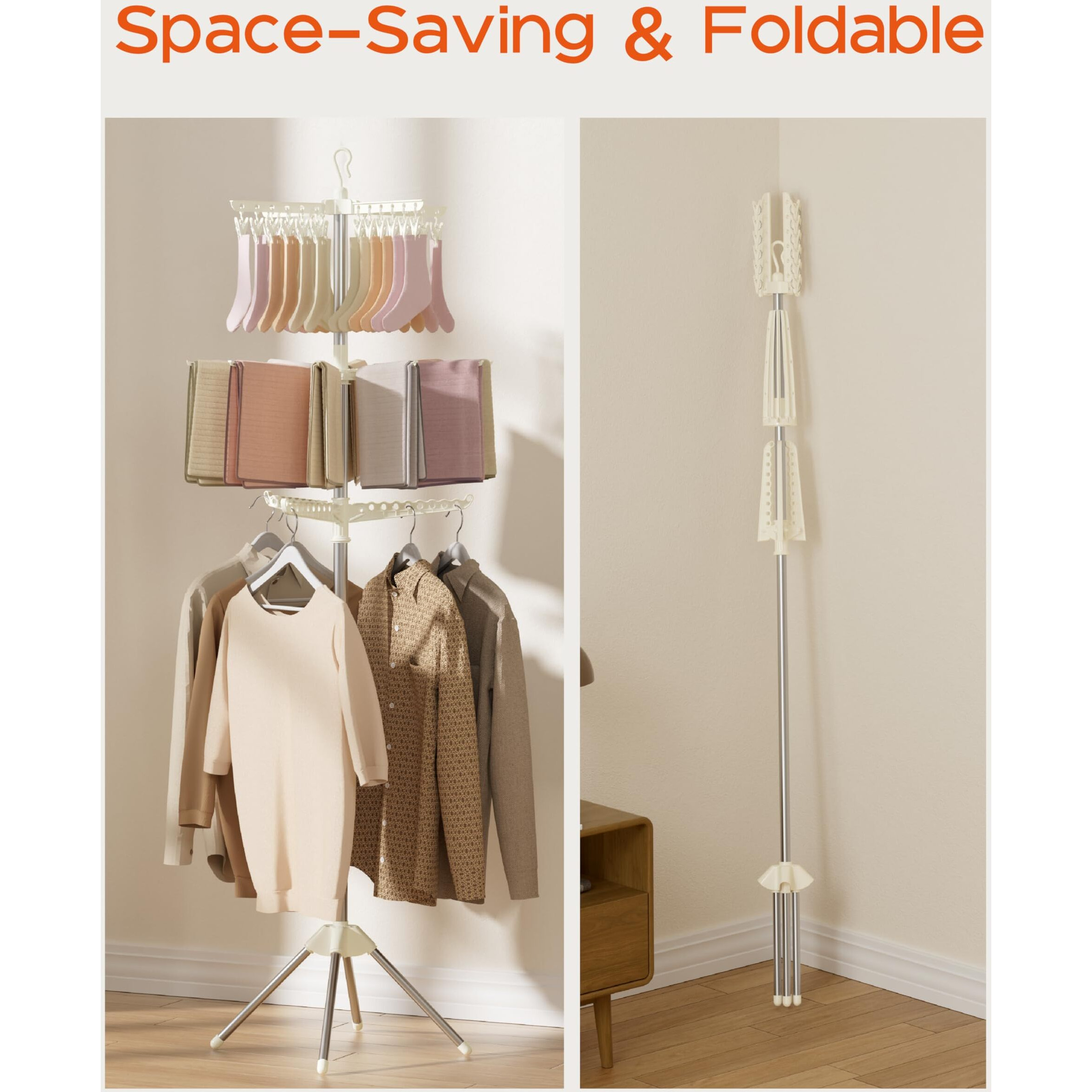 Casamaya Clothes Drying Rack Foldable  79.5 Inch 3 Tier Laundry Drying Rack With Rotating Clothes Rail For 27 Pieces Of Clothes And 24 Clips For Hanging Socks Space Saving  White And Silver Cdr003W01