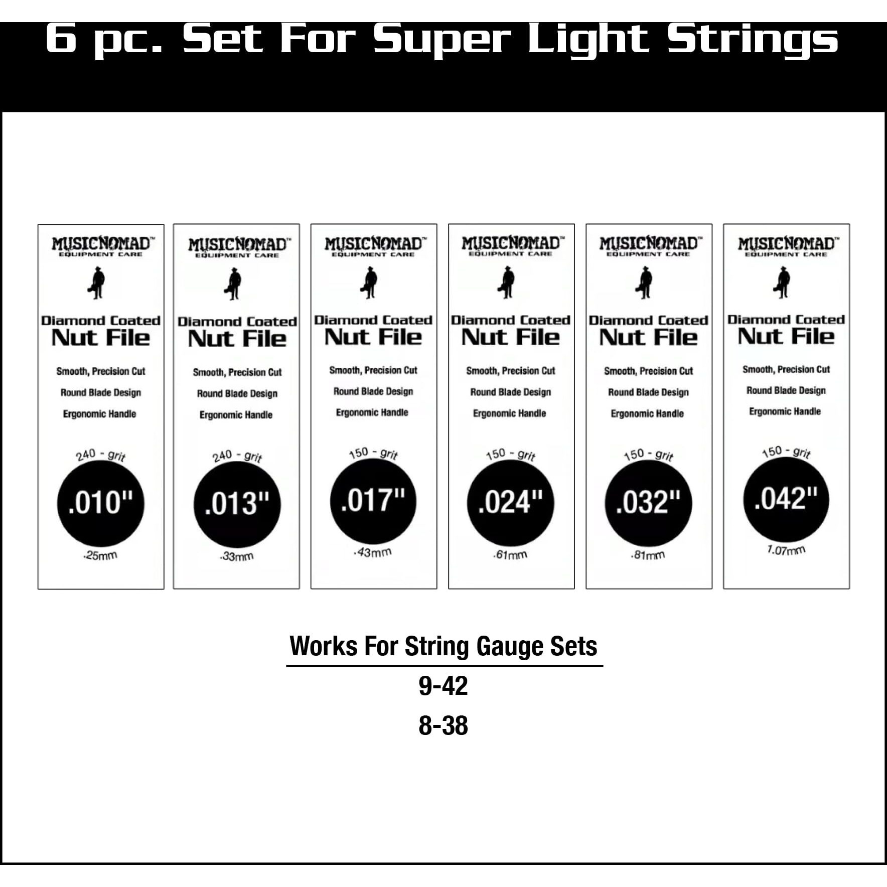 Musicnomad 6 Pc. Electric Guitar Diamond Coated Nut File Set - Super Light Strings (Mn667)