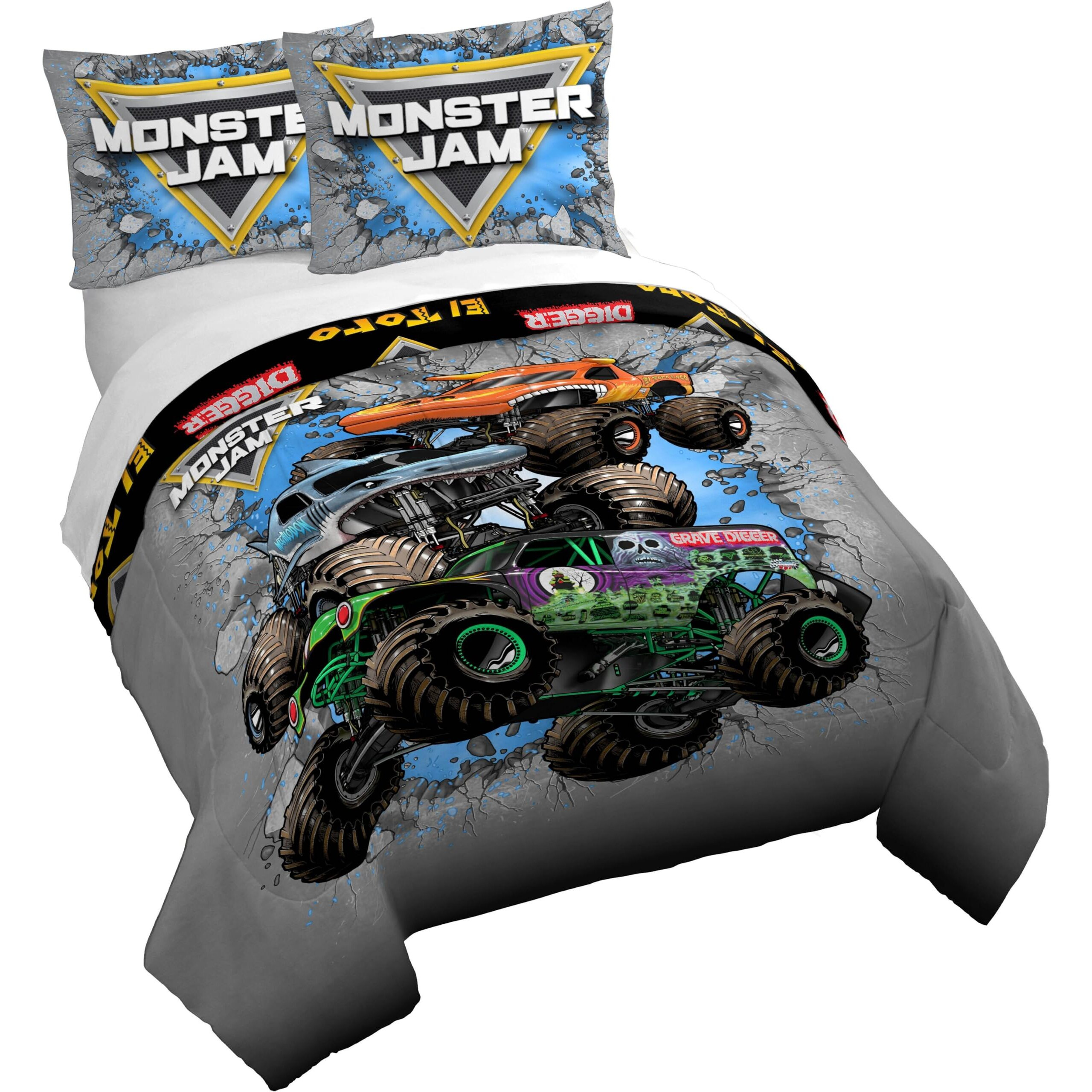 Jay Franco Duvet Cover Set - 3 Piece Comforter Cover And Sham Set  Super Soft Cozy Kids Bedding (Insert Not Included) Grey - Monster Jam  Full