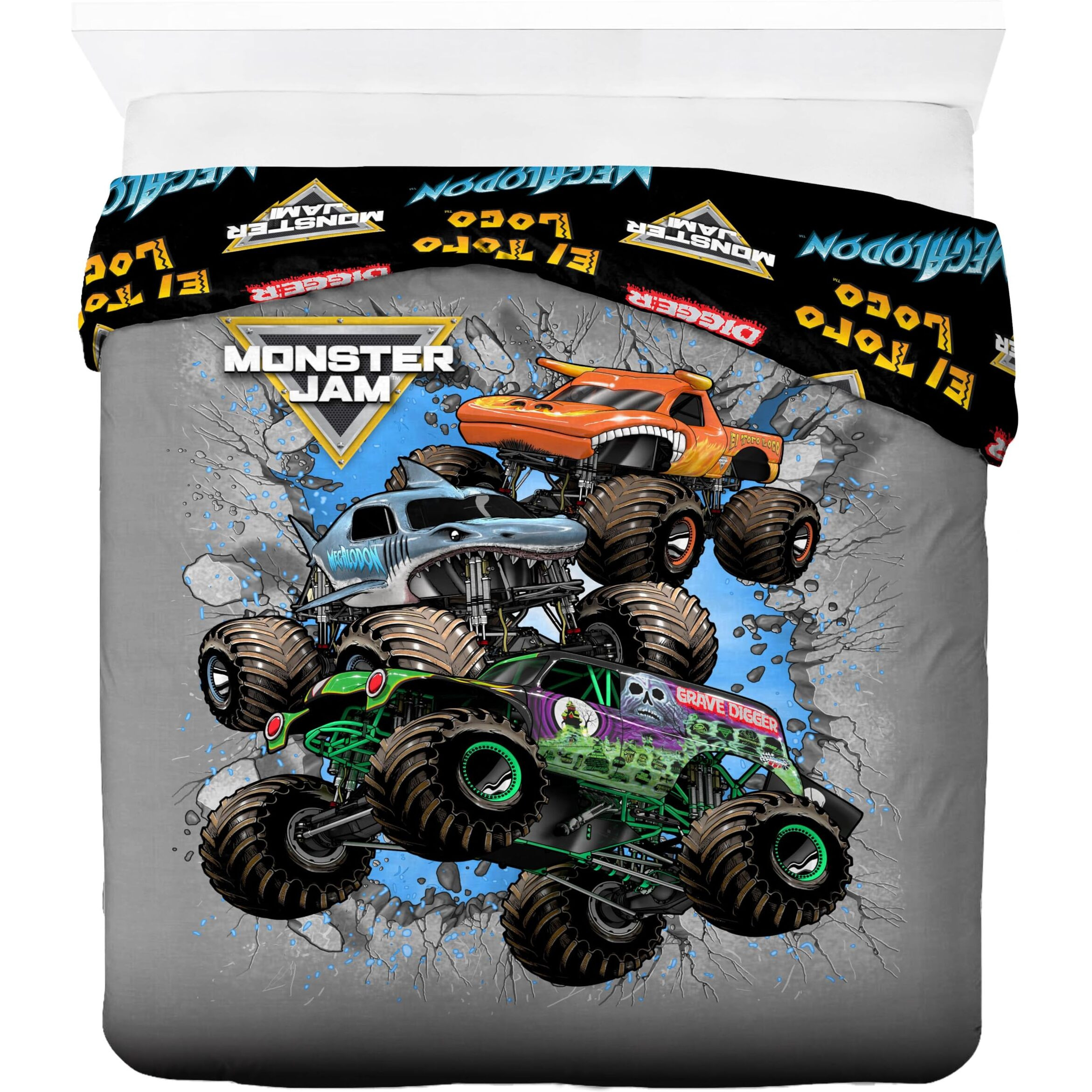 Jay Franco Duvet Cover Set - 3 Piece Comforter Cover And Sham Set  Super Soft Cozy Kids Bedding (Insert Not Included) Grey - Monster Jam  Full