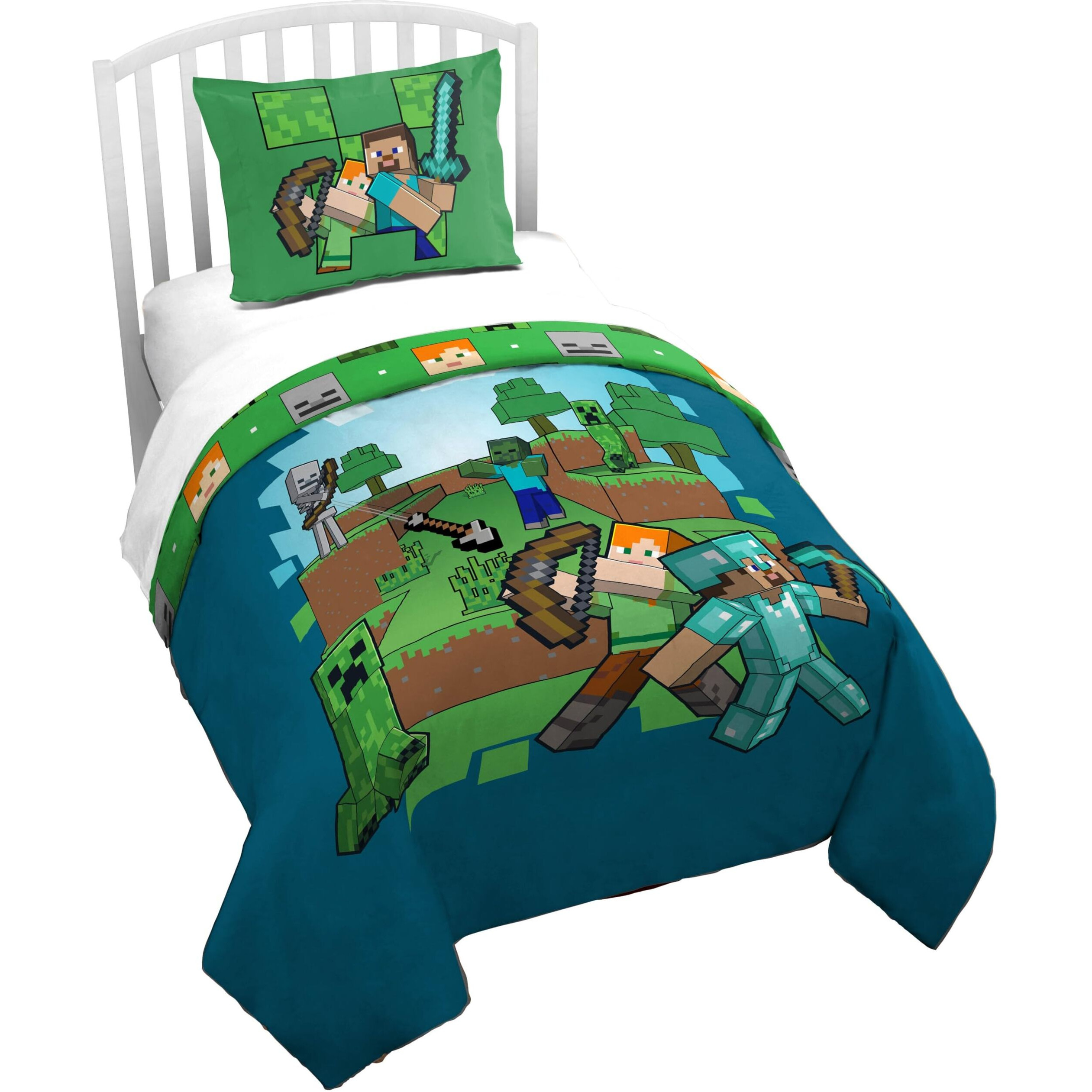 Jay Franco Duvet Cover Set - 2 Piece Comforter Cover And Sham Set  Super Soft Cozy Kids Bedding (Insert Not Included) Blue - Minecraft  Twin