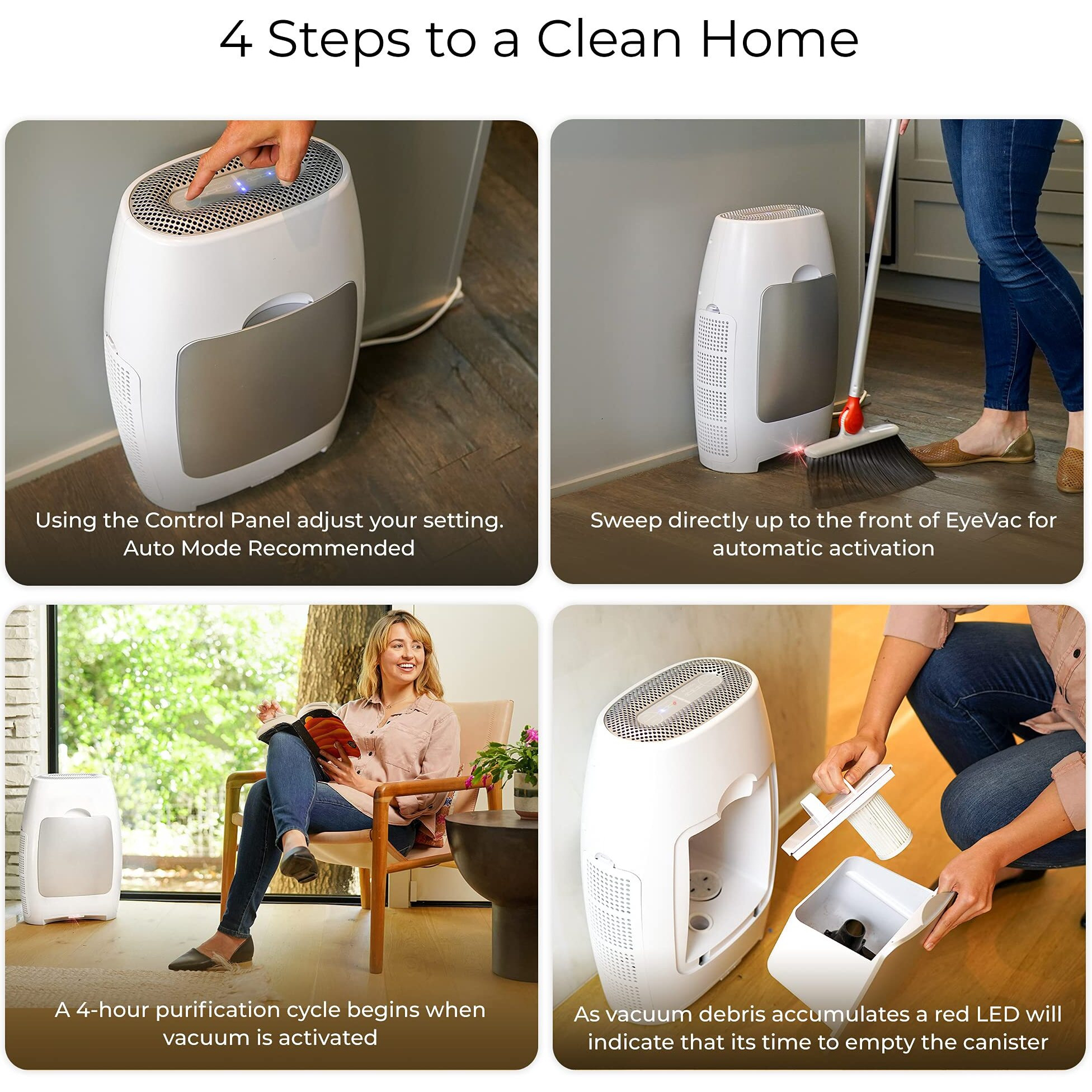 Eyevac Air 2-In-1 Hepa Air Purifier & Touchless Vacuum Automatic Dustpan - Ultra Fast & Powerful - Covers 600 Sq Ft - Corded Canister Vacuum  Bagless  Automatic Sensors  1000 Watt (White/Silver)