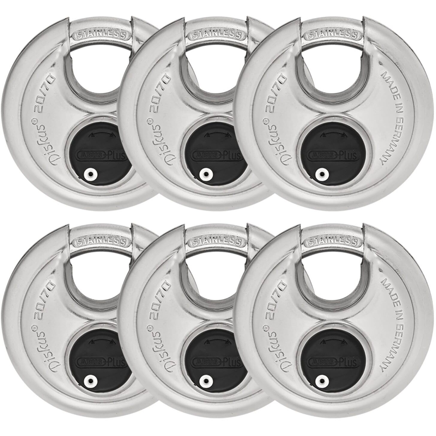 6 Pack Abus Diskus 20/70 Heavy Duty Stainless Steel Disk Padlock - Rustproof Storage Lock With 3/8"" Shackle - Made In Germany - Keyed Alike Code 161262