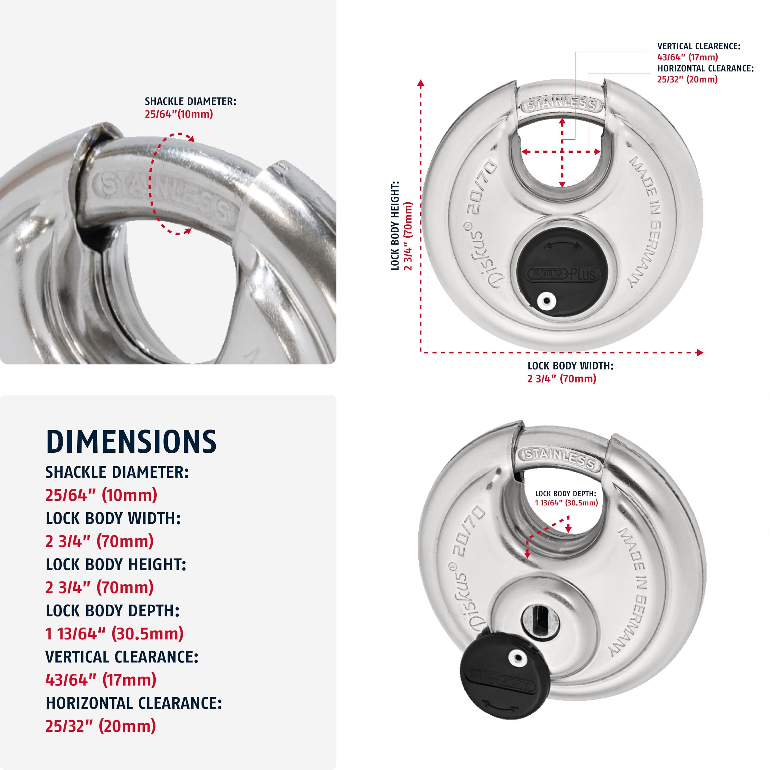 6 Pack Abus Diskus 20/70 Heavy Duty Stainless Steel Disk Padlock - Rustproof Storage Lock With 3/8"" Shackle - Made In Germany - Keyed Alike Code 161262