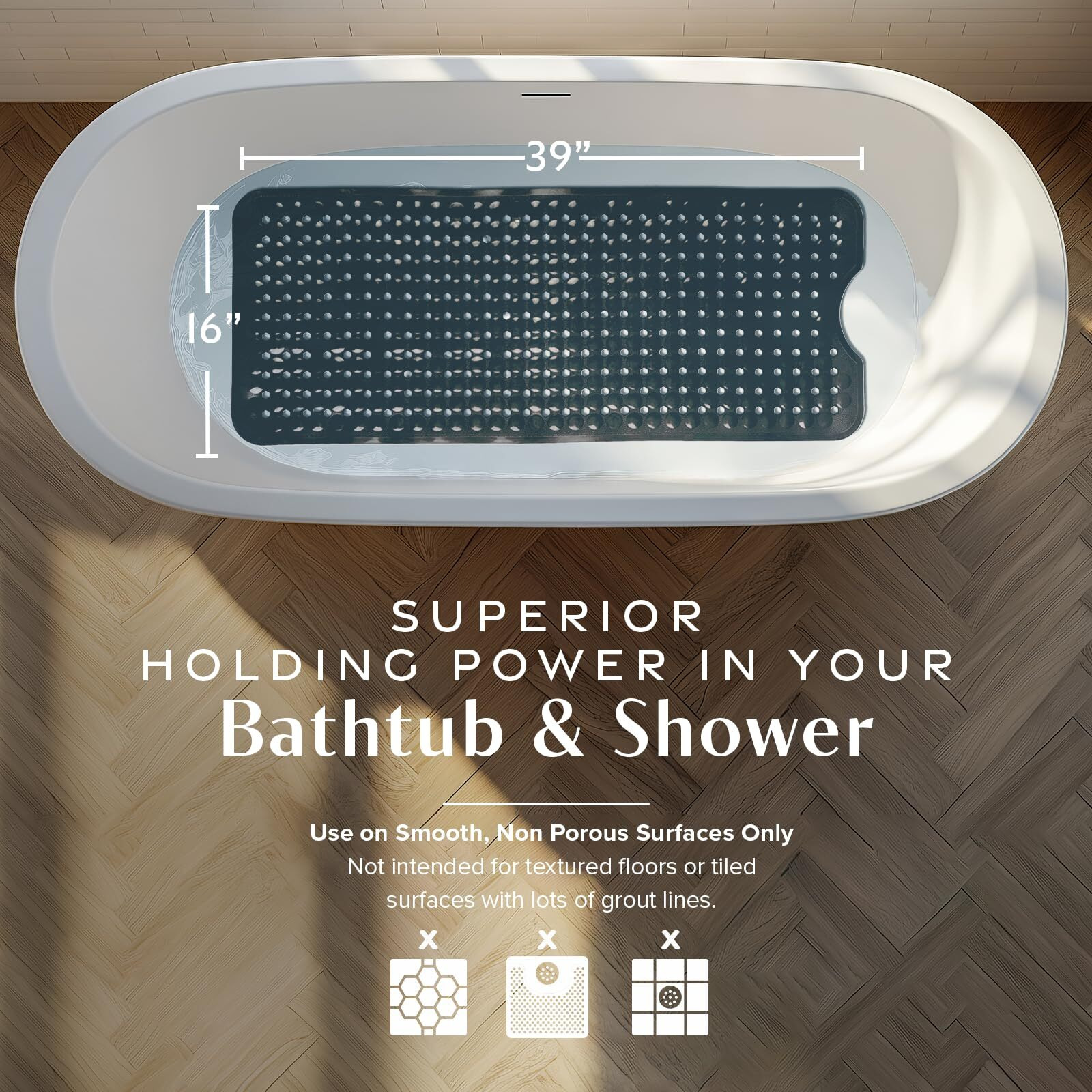 Slipx Solutions Power Grip 39X16 Bathtub & Shower Mat | Premium Non-Slip Bath Safety | Solid Black