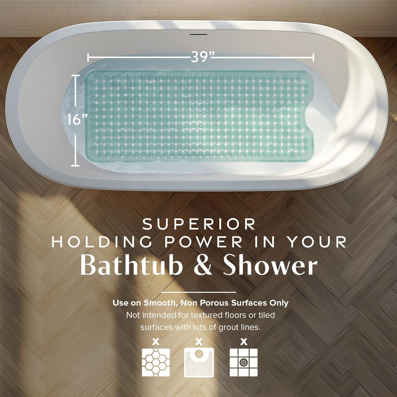 Slipx Solutions Power Grip 39X16 Bathtub & Shower Mat | Premium Non-Slip Bath Safety | Clear Light Green