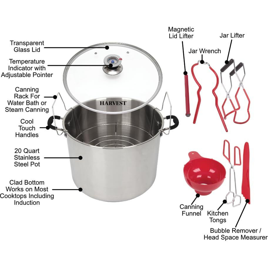 Harvest Stainless Steel 20 Qt Canning Pot With Rack | Water Bath Or Steam Canning | Works On All Stovetops Including Induction  Glass  Gas (Stainless Steel Canner + Tools)