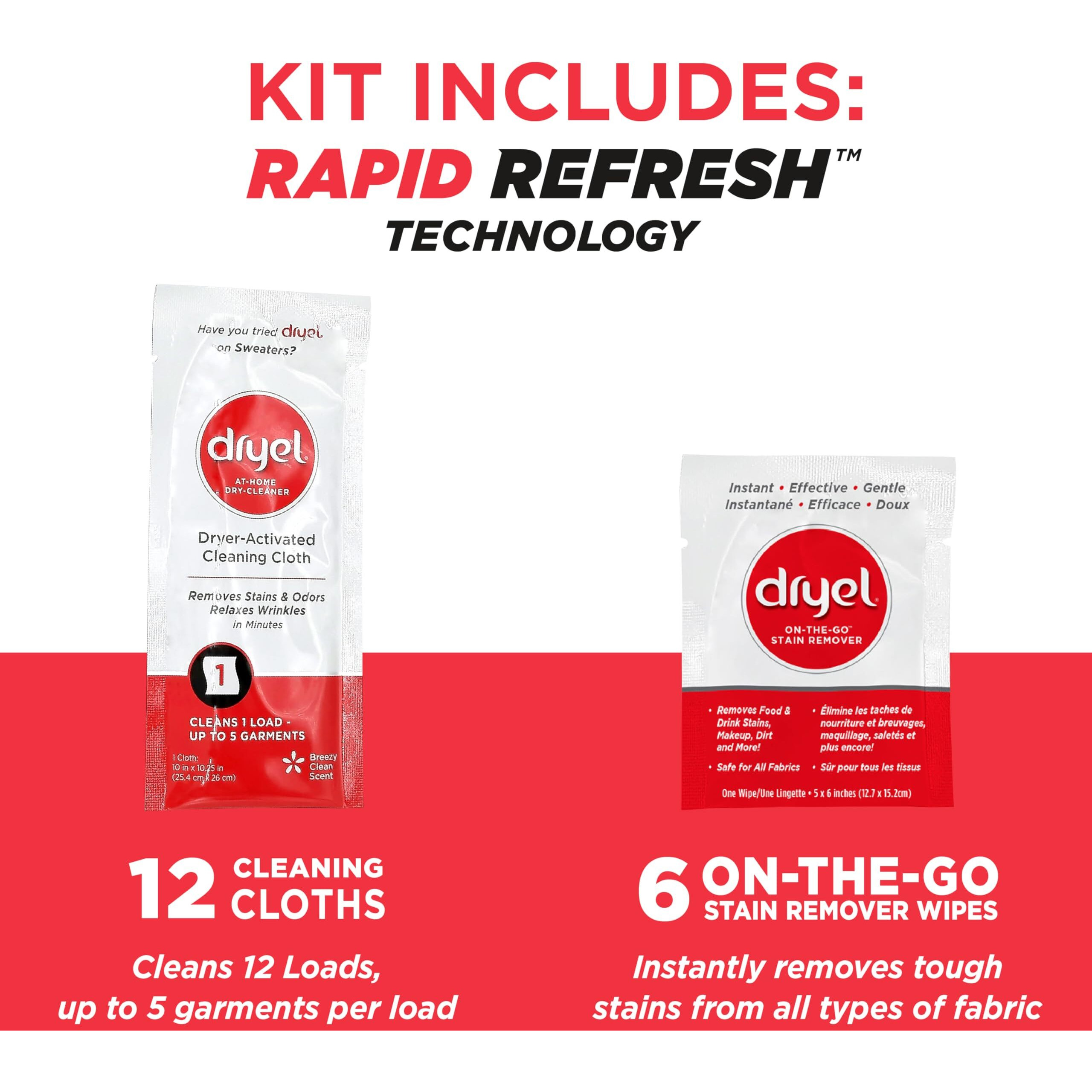 Dryel At-Home Dry Cleaner Kit  New And Improved With Rapid Refresh Technology  Gentle Laundry Care For Special Fabrics And Dry-Clean-Only Clothes  12 Loads With On-The-Go Stain Remover