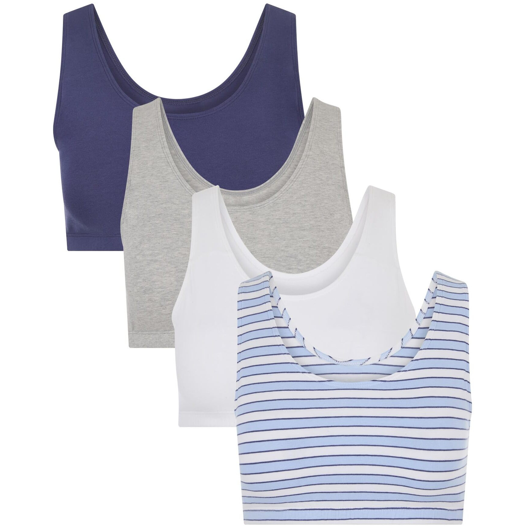 Fruit Of The Loom Women's Built Up Tank Style Sports Bra Value Pack  Cottage Stripes/Skipper Blue/Grey Heather/White