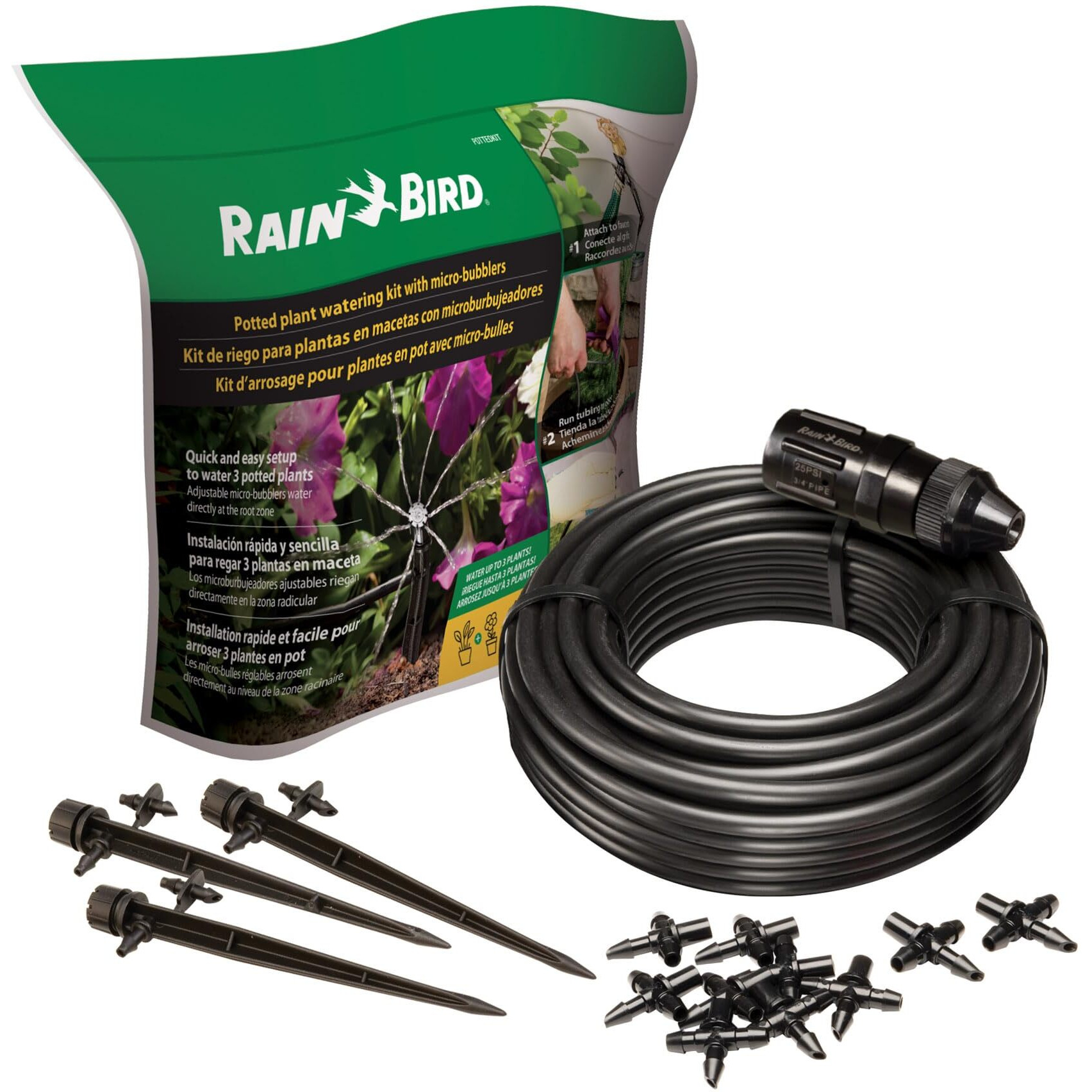 Rain Bird Pottedkit Drip Irrigation Container/Potted Plant Watering Kit  Connects To Faucet/Garden Hose  1/4"" Drip Tubing  360 Micro Bubblers  T-Fittings And Pressure Regulator