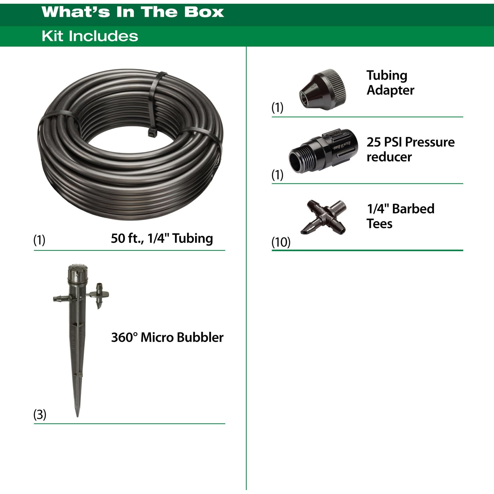 Rain Bird Pottedkit Drip Irrigation Container/Potted Plant Watering Kit  Connects To Faucet/Garden Hose  1/4"" Drip Tubing  360 Micro Bubblers  T-Fittings And Pressure Regulator