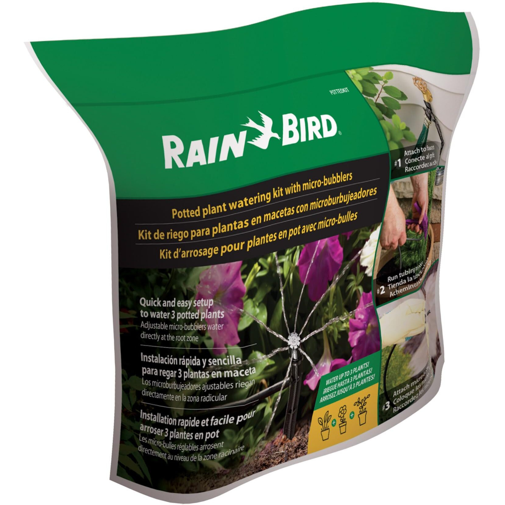 Rain Bird Pottedkit Drip Irrigation Container/Potted Plant Watering Kit  Connects To Faucet/Garden Hose  1/4"" Drip Tubing  360 Micro Bubblers  T-Fittings And Pressure Regulator