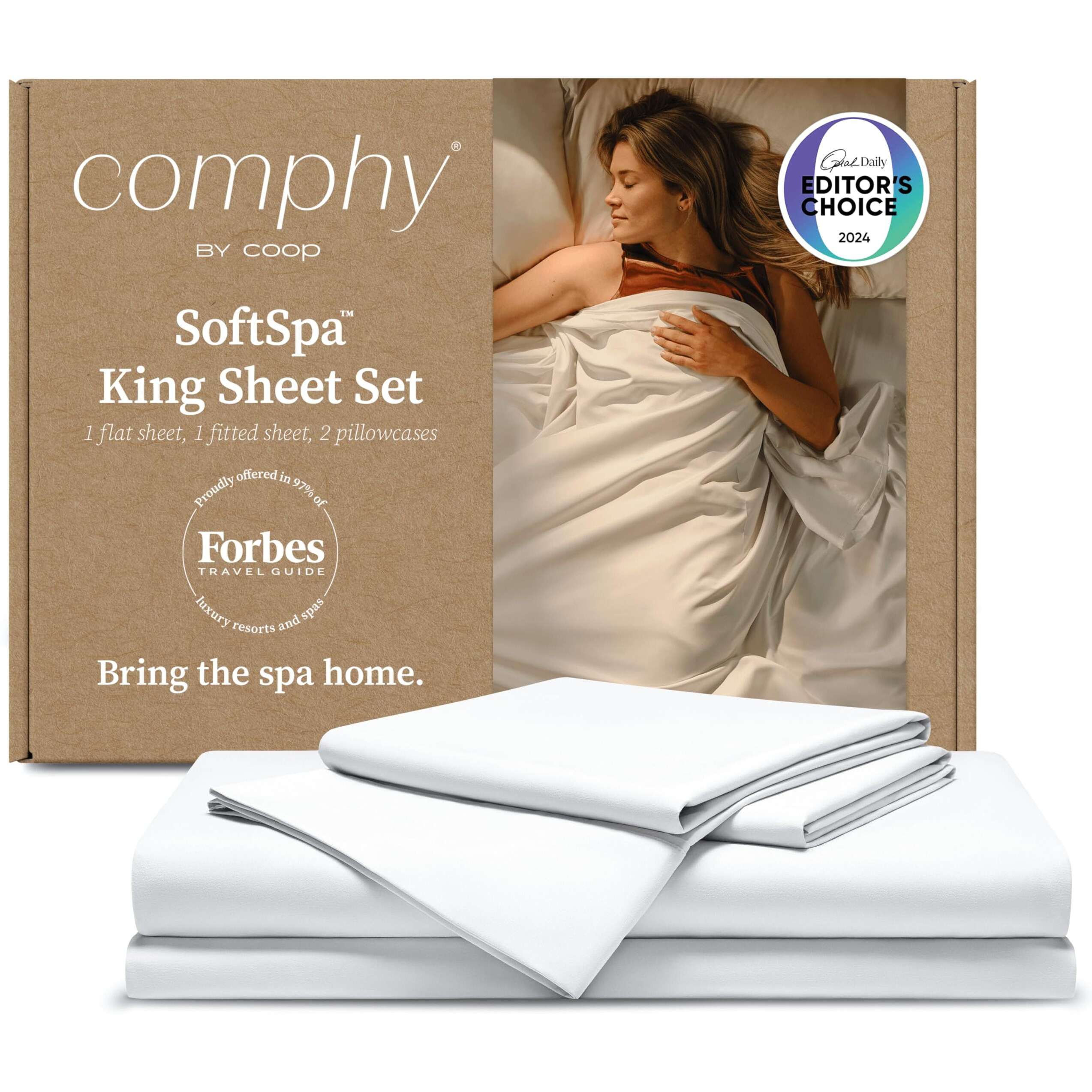 Coop Home Goods Comphy Softspa Bed Sheet Set Of 4 Pieces  White King  Super Soft King Sheets  Flat And Fitted  Luxury Spa And Hotel Quality Bed Sheets And Pillowcase Set