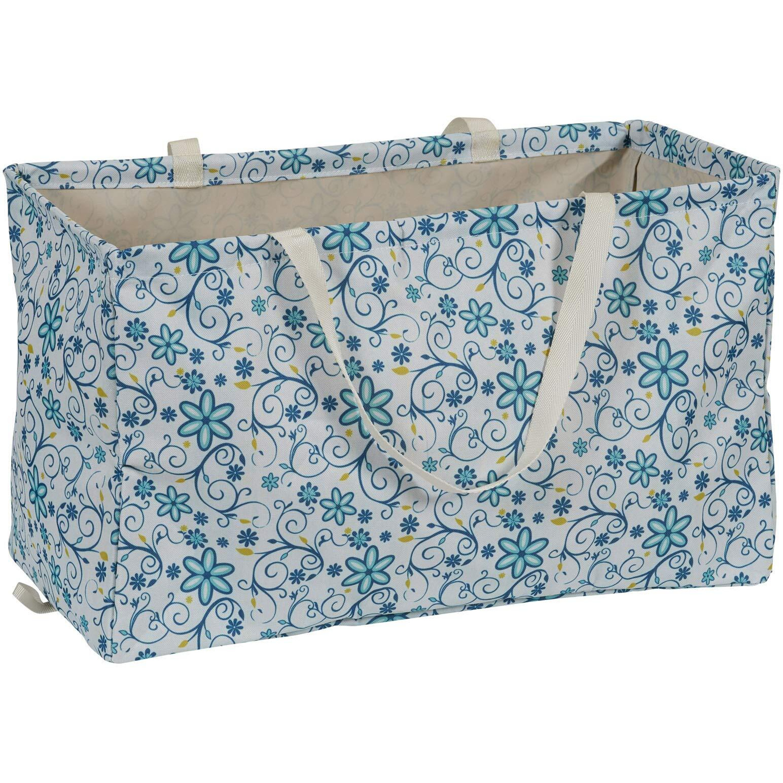 Household Essentials Krush Container All-Purpose Utility Tote  Water-Resistant Vinyl Lining  Blue Floral Pattern