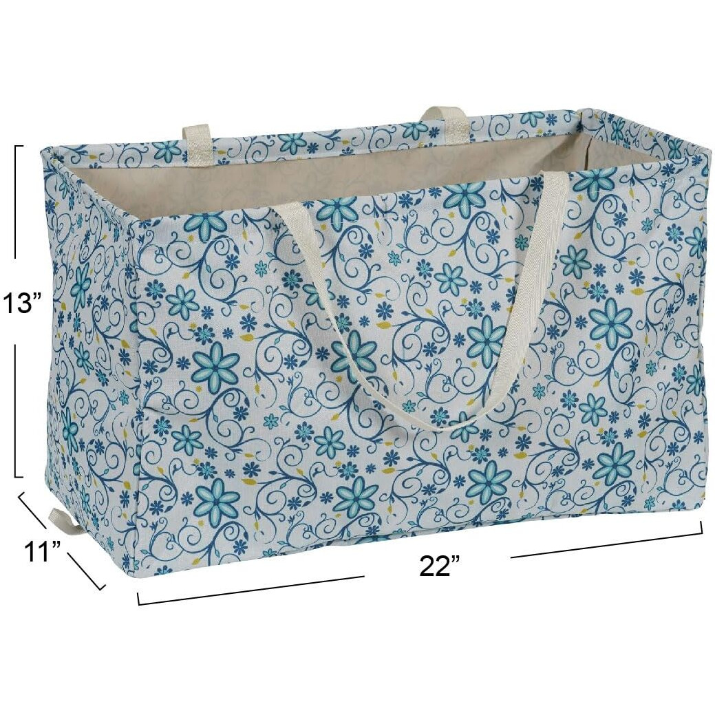 Household Essentials Krush Container All-Purpose Utility Tote  Water-Resistant Vinyl Lining  Blue Floral Pattern