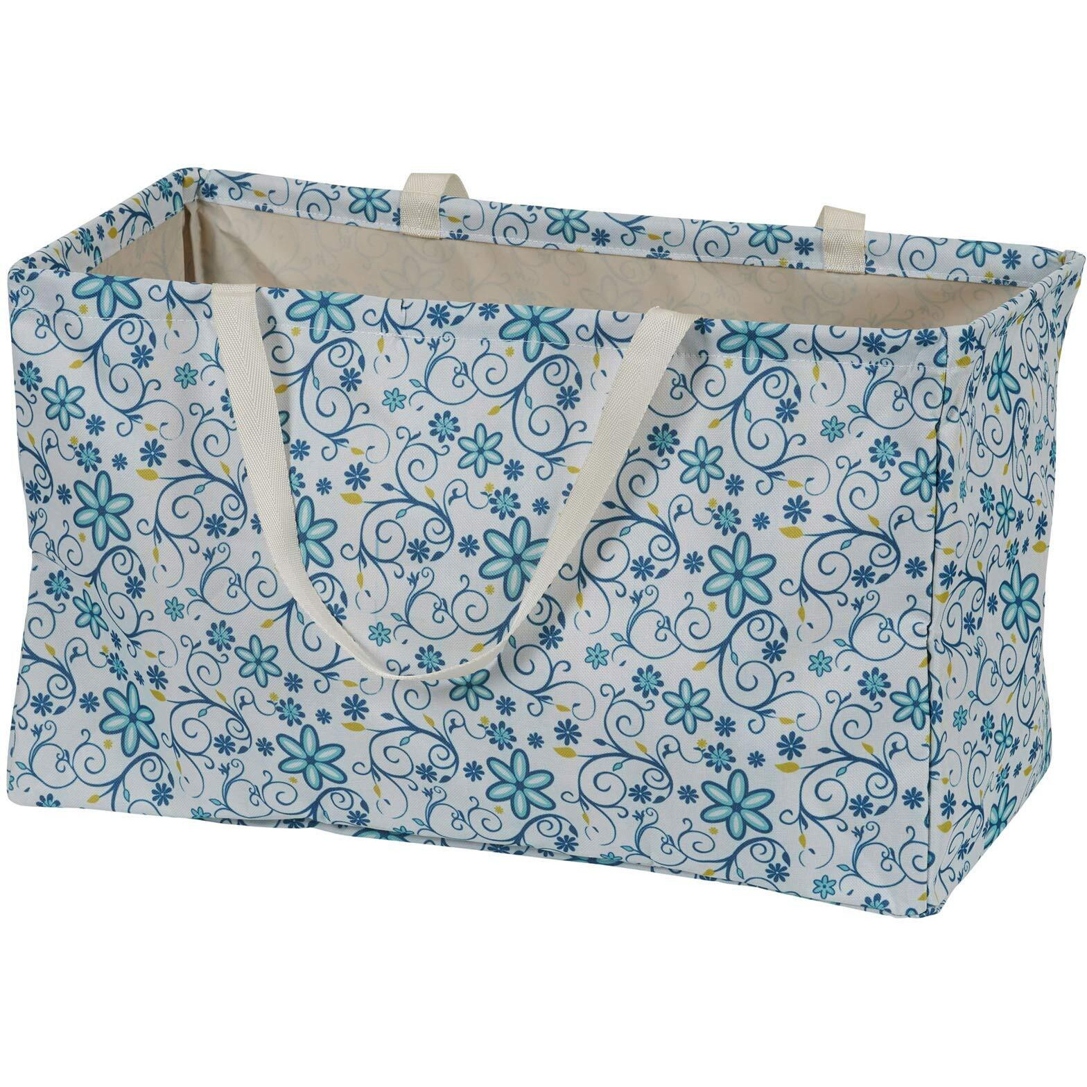 Household Essentials Krush Container All-Purpose Utility Tote  Water-Resistant Vinyl Lining  Blue Floral Pattern