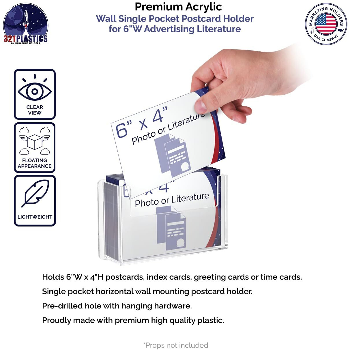 Marketing Holders Post Card Holder Holds 6 X 4 Inch Wall Mount Index Display Clear Acrylic Literature Organizer Small Brochure Rack Single Pocket Menus Floating Effect Information Pamphlets