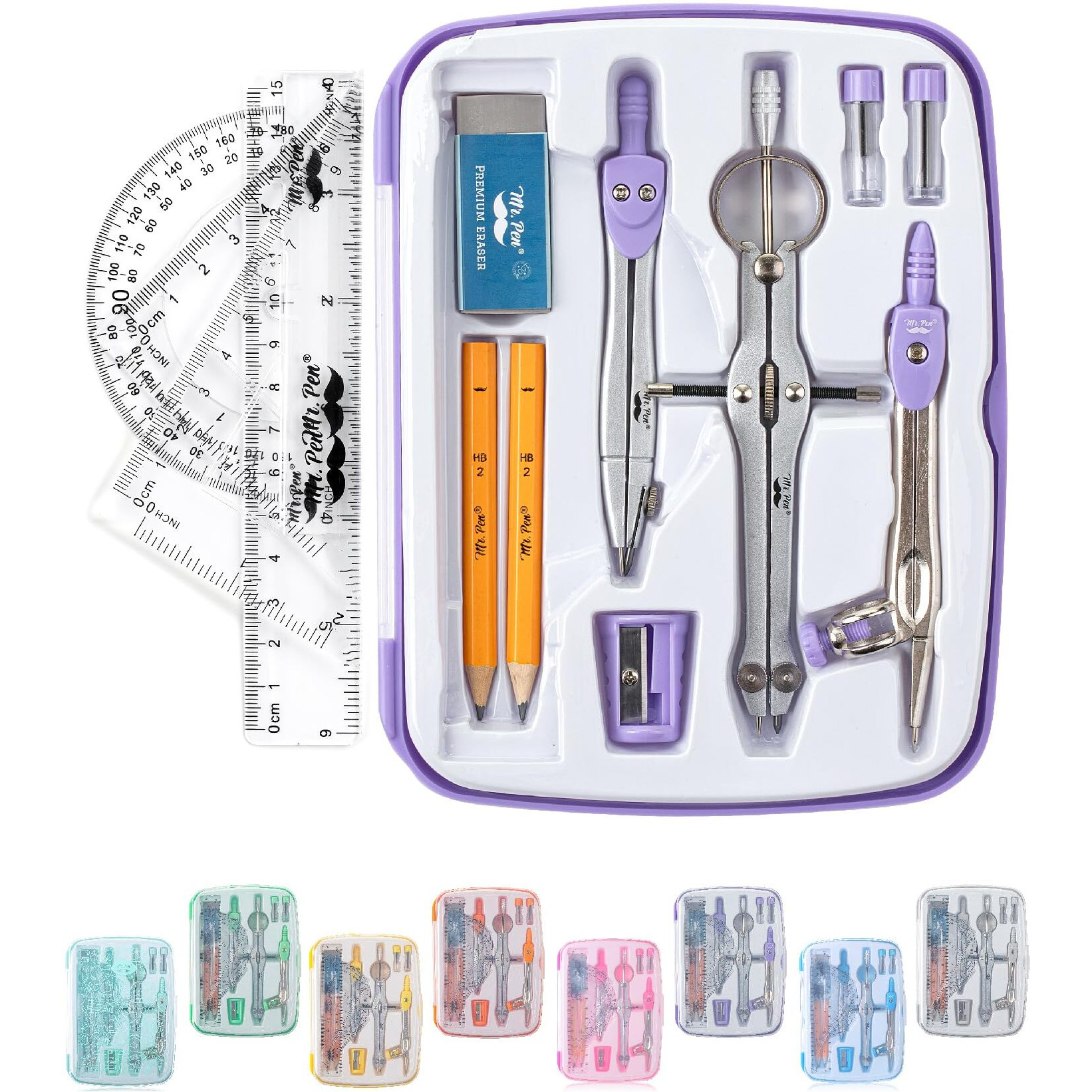 Mr. Pen- Geometry Set  13 Pcs  Compass For Geometry Compass  Geometry Kit Set With Shatterproof Storage Box  Math Compass  Geometry Set For School  Compass Math  Protractor And Compass Set  Purple