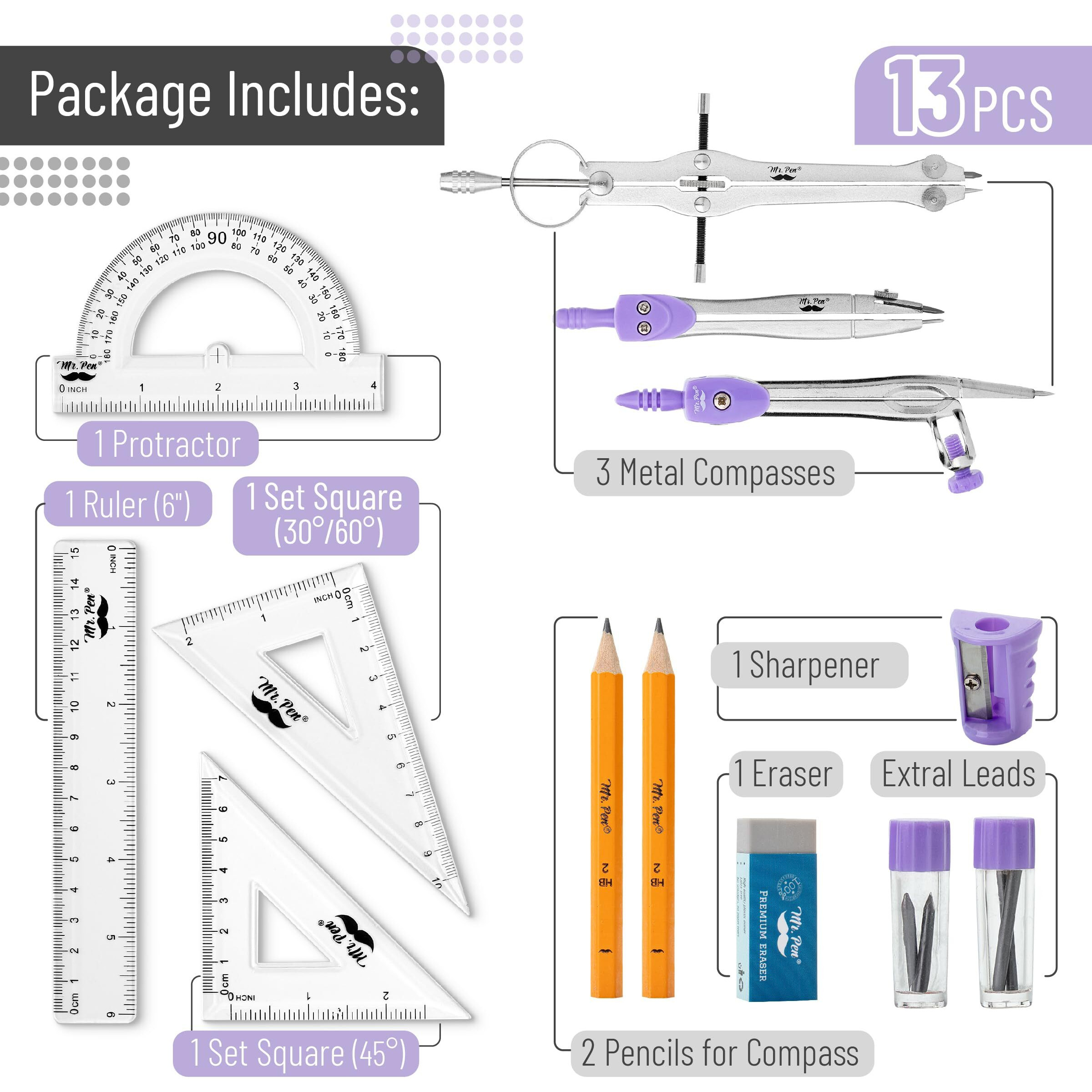 Mr. Pen- Geometry Set  13 Pcs  Compass For Geometry Compass  Geometry Kit Set With Shatterproof Storage Box  Math Compass  Geometry Set For School  Compass Math  Protractor And Compass Set  Purple