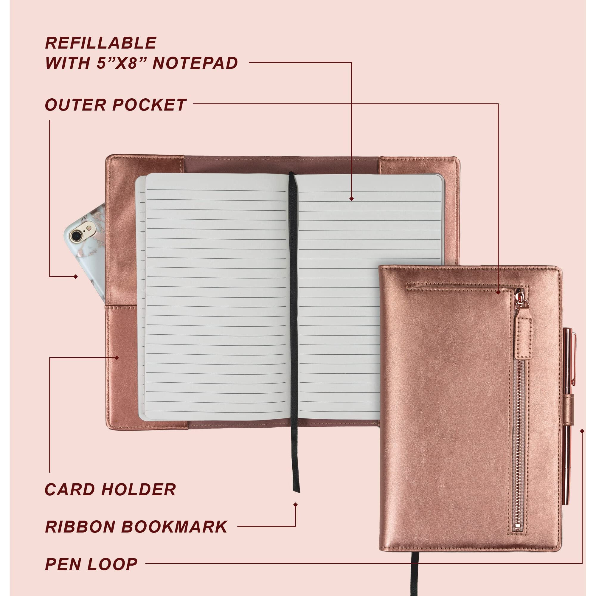 Samsill Notebook Portfolio - Business Portfolio For Women  Notebook Holder With Zipper Accessory Pocket  Refillable 5X8 Notepad  Rose Gold  5 X 8 (71829)