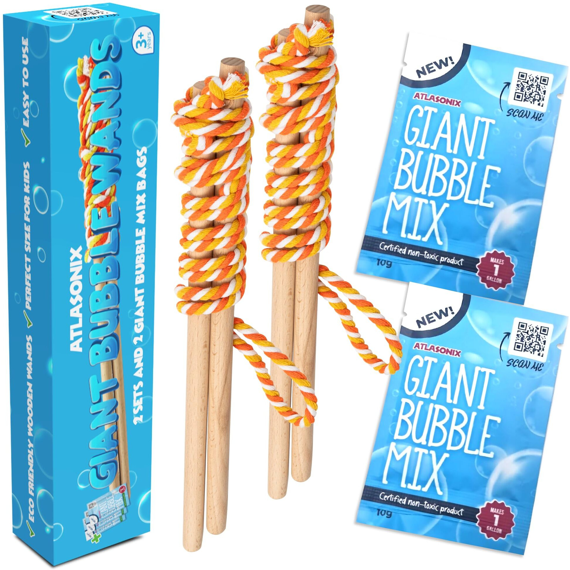 Giant Bubble Wands For Kids 2-Pack Wooden Giant Bubble Maker Kit With Big Bubble Powder Mix | Outdoor Summer Fun For Kids  Family  Boys & Girls | Makes 3 Gallons Of Giant Bubbles For Parties Playtime
