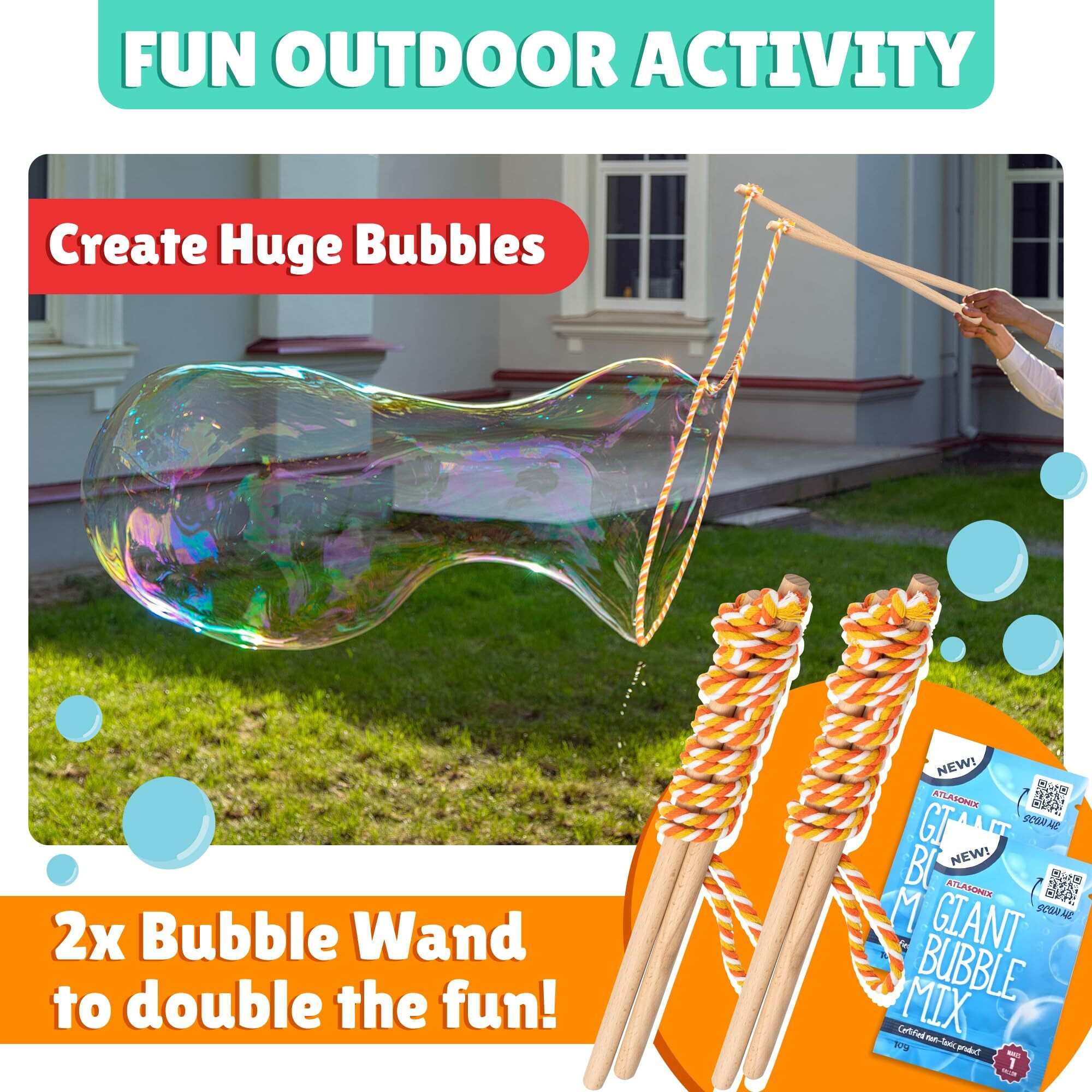 Giant Bubble Wands For Kids 2-Pack Wooden Giant Bubble Maker Kit With Big Bubble Powder Mix | Outdoor Summer Fun For Kids  Family  Boys & Girls | Makes 3 Gallons Of Giant Bubbles For Parties Playtime