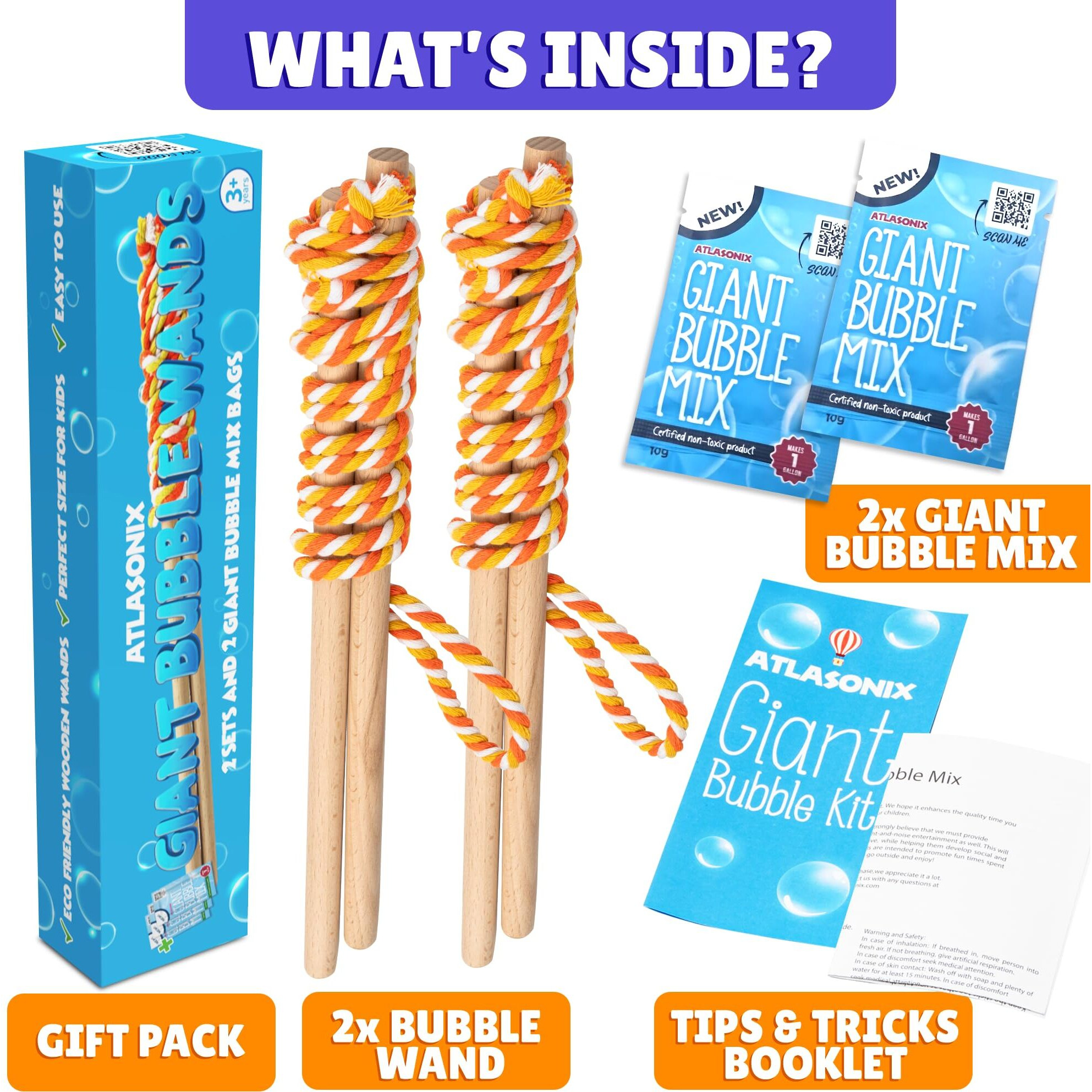 Giant Bubble Wands For Kids 2-Pack Wooden Giant Bubble Maker Kit With Big Bubble Powder Mix | Outdoor Summer Fun For Kids  Family  Boys & Girls | Makes 3 Gallons Of Giant Bubbles For Parties Playtime