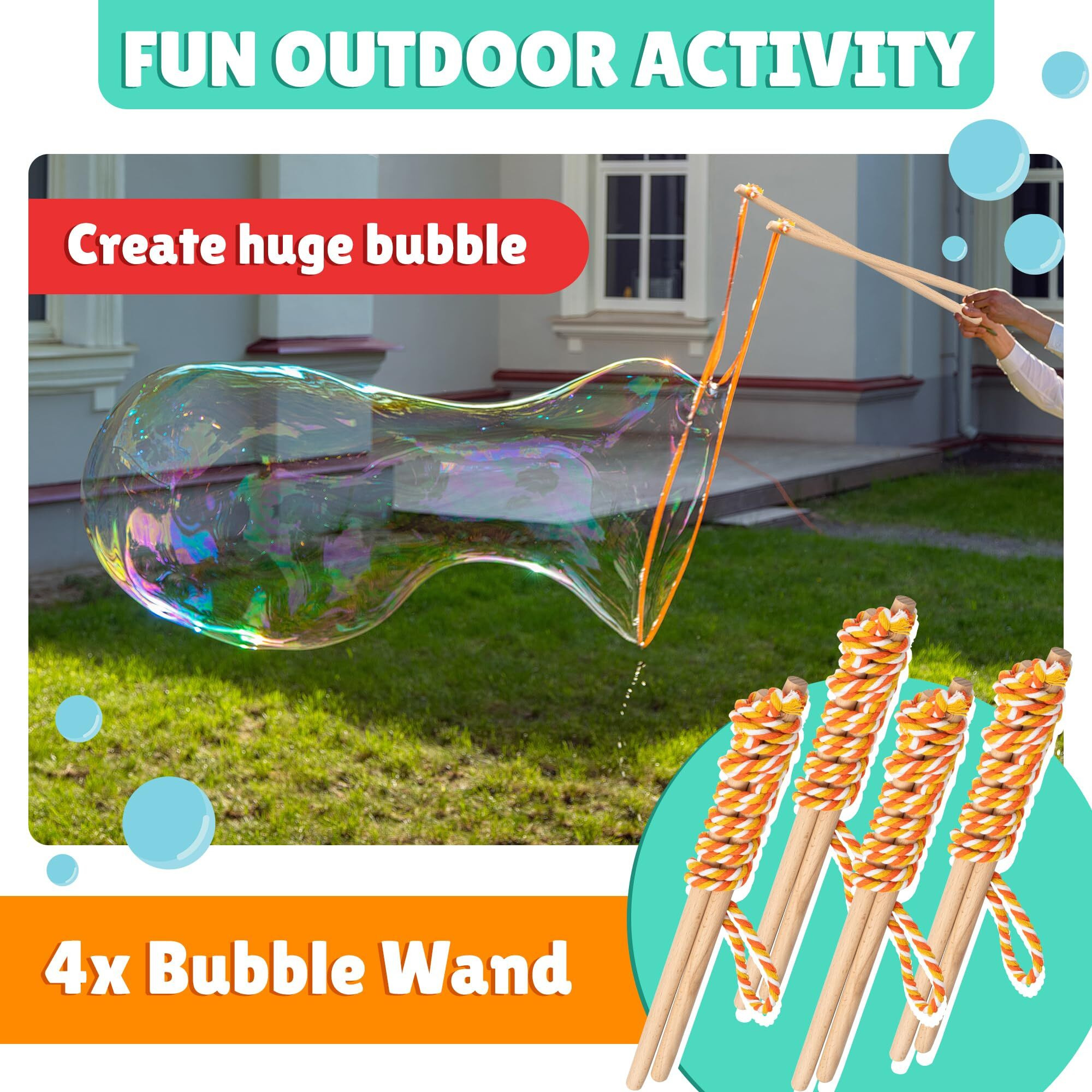 Giant Bubble Wooden Wands 4 Pack & 3 Huge Bubble Mix Concentrate Refill Giant Bubble Powder Maker Kit Summer Outdoor Fun For Boys & Girls Giant Bubbles For Parties & Family Playtime