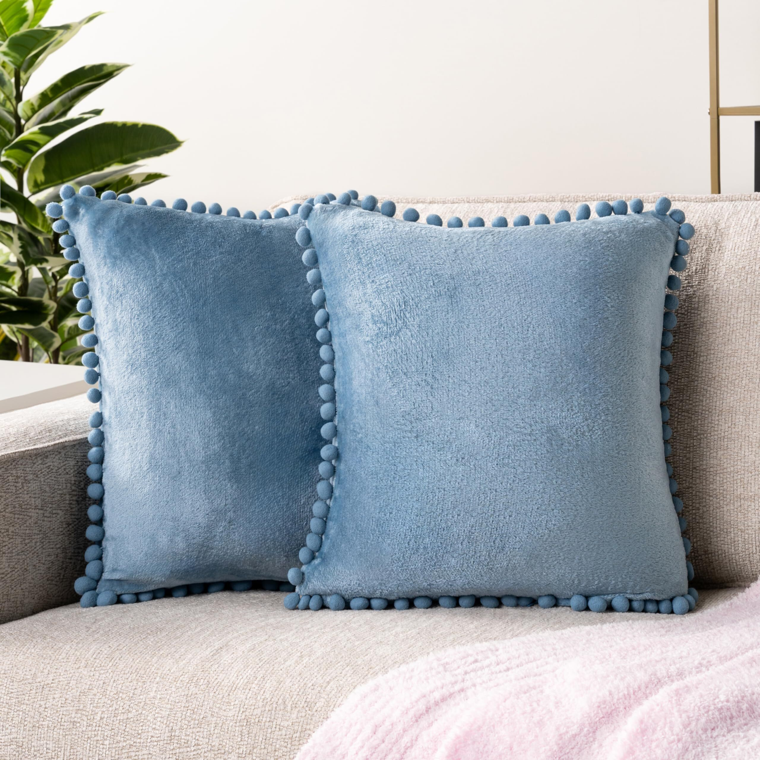 Pavilia Dusty Blue Throw Pillow Covers With Pom Pom 18X18 Set Of 2  Decorative Pillow Cases For Bedroom Aesthetic  Small Throw Pillows Set For Bed  Velvet Euro Plush Cushion Covers For Sofa Couch