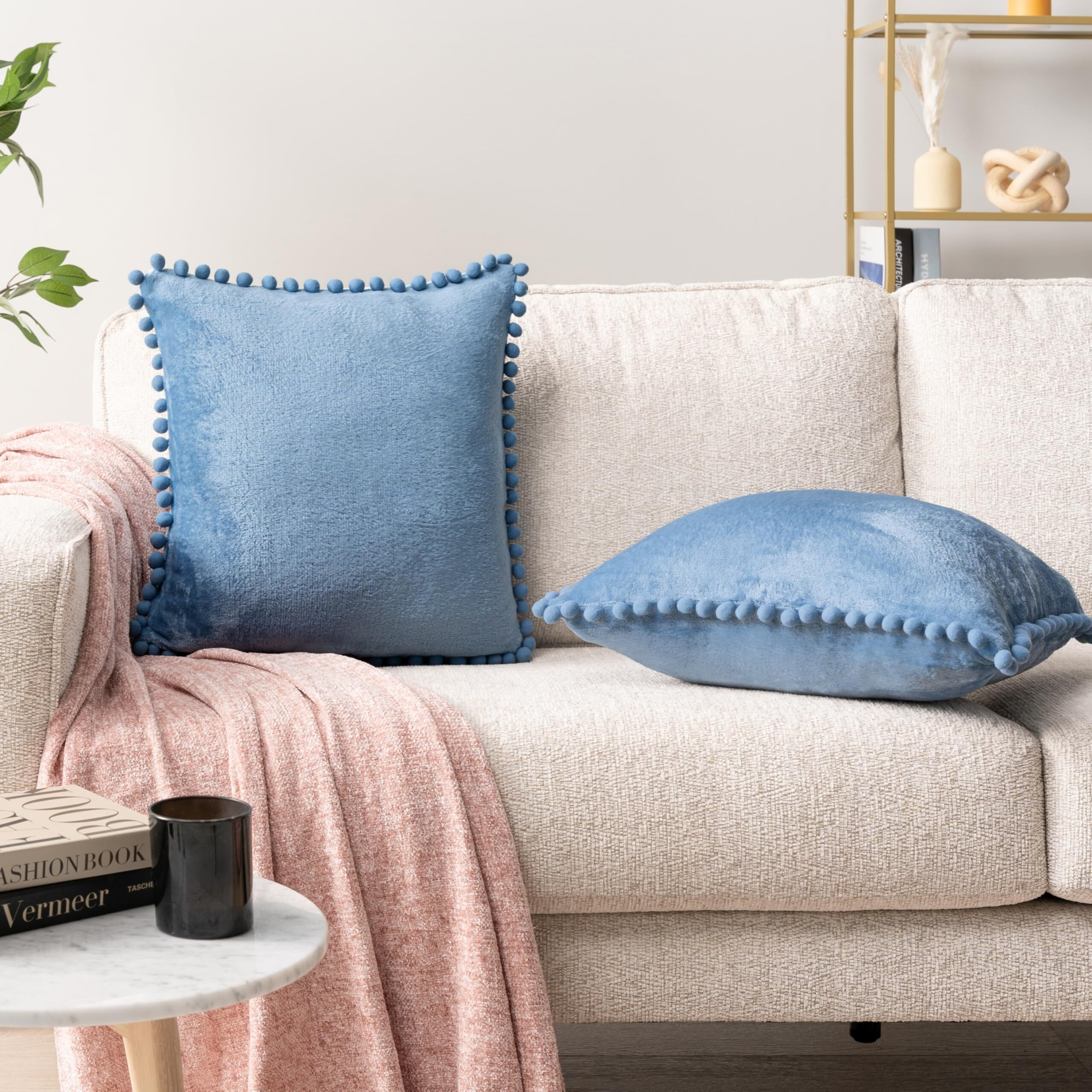 Pavilia Dusty Blue Throw Pillow Covers With Pom Pom 18X18 Set Of 2  Decorative Pillow Cases For Bedroom Aesthetic  Small Throw Pillows Set For Bed  Velvet Euro Plush Cushion Covers For Sofa Couch