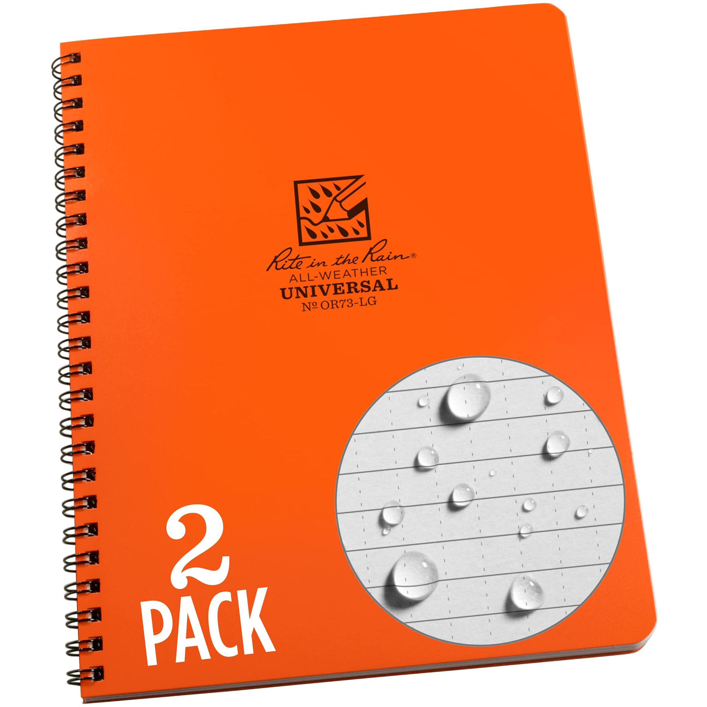 Rite In The Rain Weatherproof Side Spiral Notebook  6.625"" X 8.5""  Orange Cover  Universal Pattern  2 Pack (No. Or73-Lgl2)