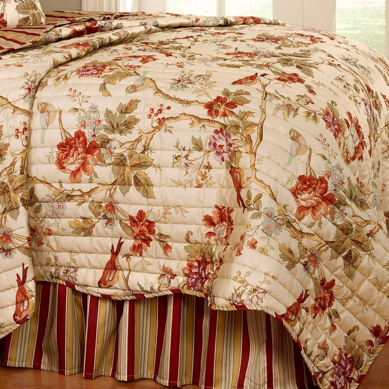 Waverly Charleston Chirp Modern Farmhouse Floral 4-Piece Reversible Quilt Bedspread Set  King  Papaya