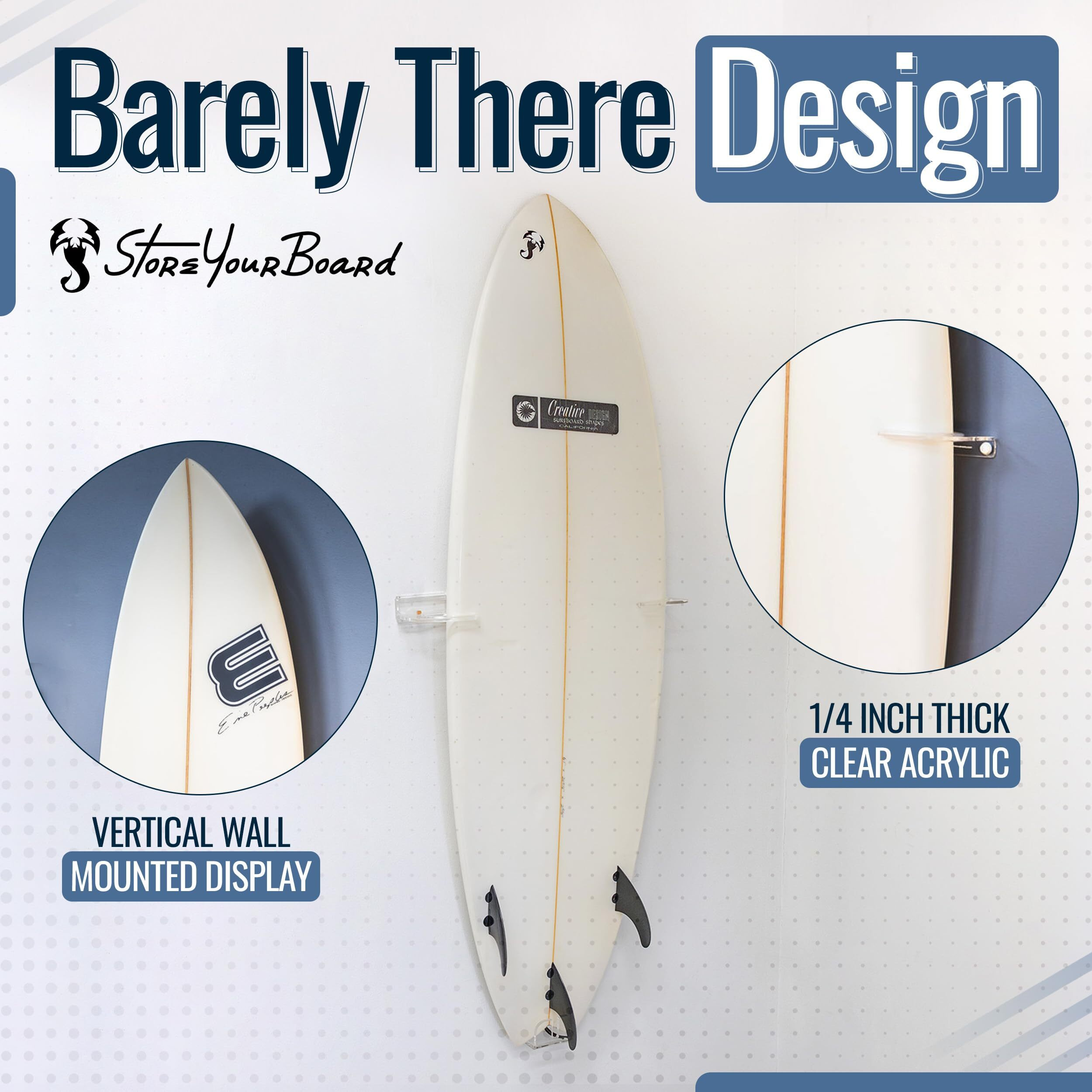 Storeyourboard Floating Surfboard Wall Mount  Clear Acrylic Surf Board Display  Indoor Surfboard Wall Decor  Vertical Surfboard Rack For Shortboards  Fish Boards  And Funboards  Holds 50 Lbs